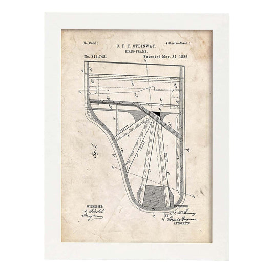 Poster con patente de Piano. Lámina con diseño de patente antigua.-Artwork-Nacnic-A4-Marco Blanco-Nacnic Estudio SL