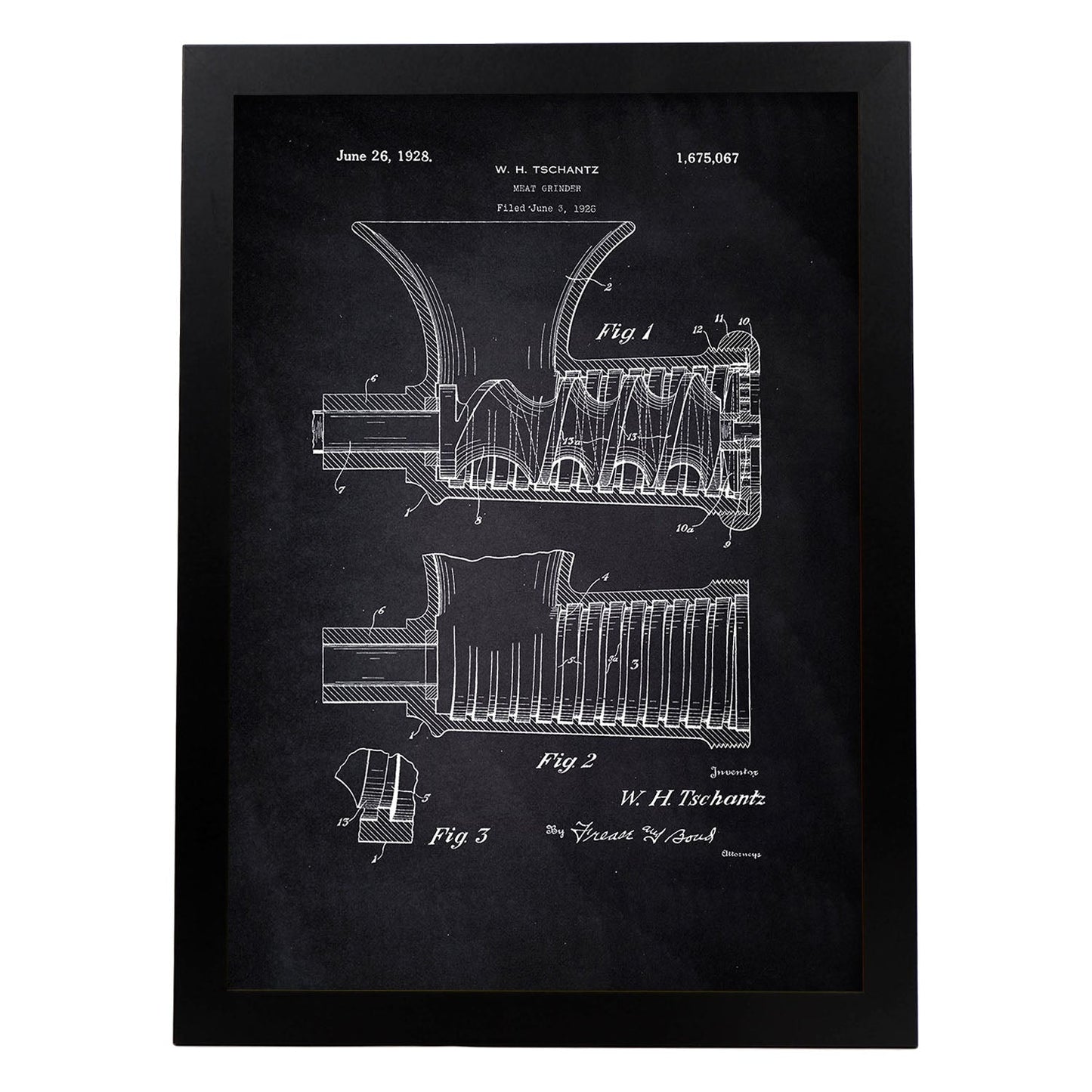 Poster con patente de Picadora de carne. Lámina con diseño de patente antigua-Artwork-Nacnic-A3-Marco Negro-Nacnic Estudio SL