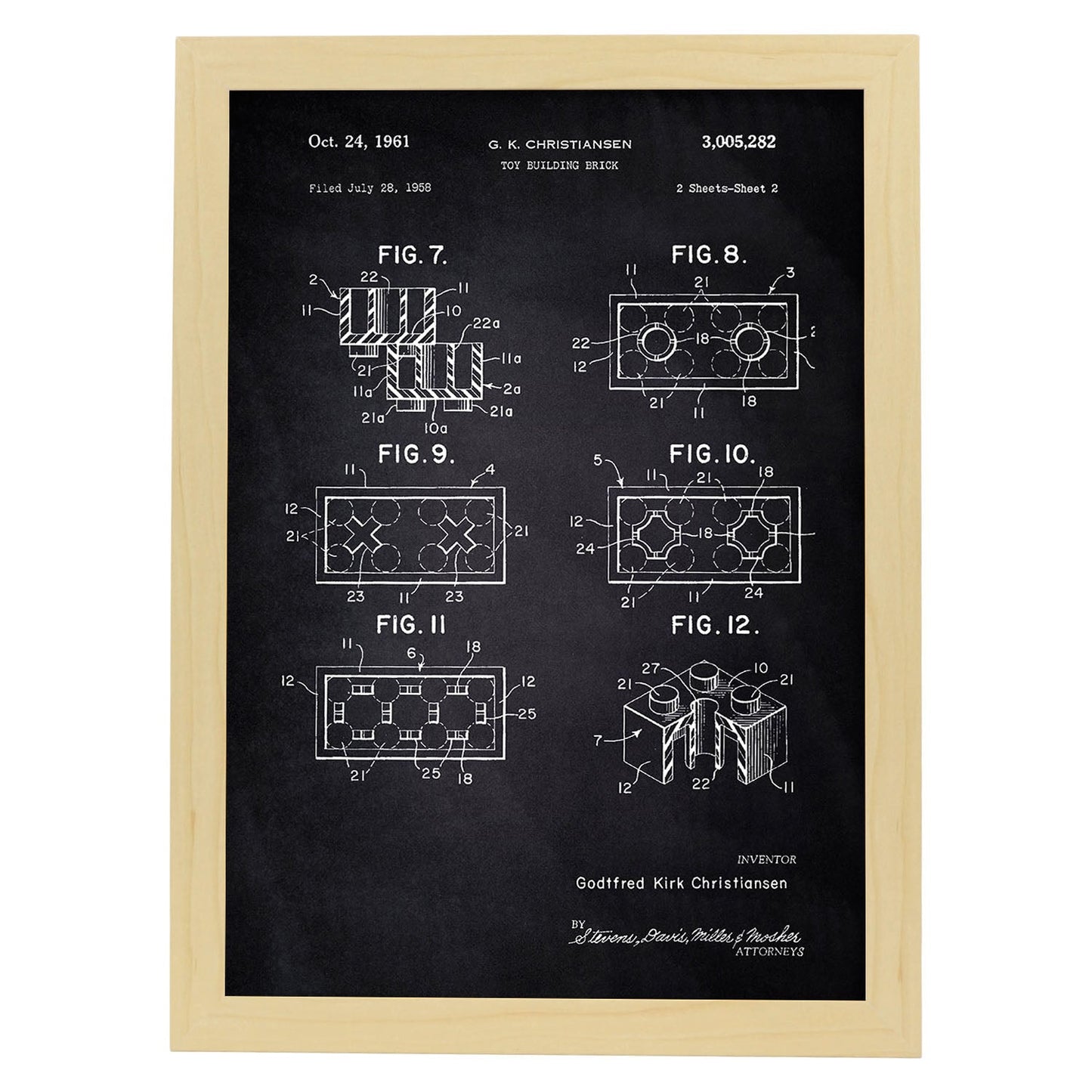 Poster con patente de Piezas lego 2. Lámina con diseño de patente antigua-Artwork-Nacnic-A3-Marco Madera clara-Nacnic Estudio SL