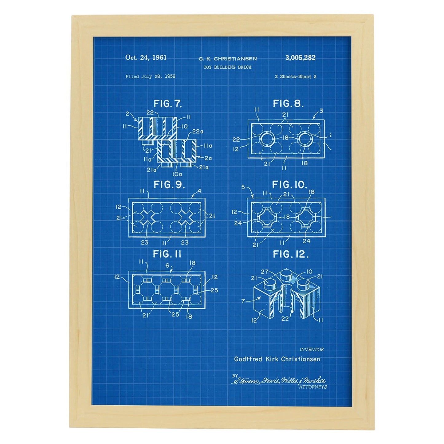 Poster con patente de Piezas lego 2. Lámina con diseño de patente antigua-Artwork-Nacnic-A3-Marco Madera clara-Nacnic Estudio SL