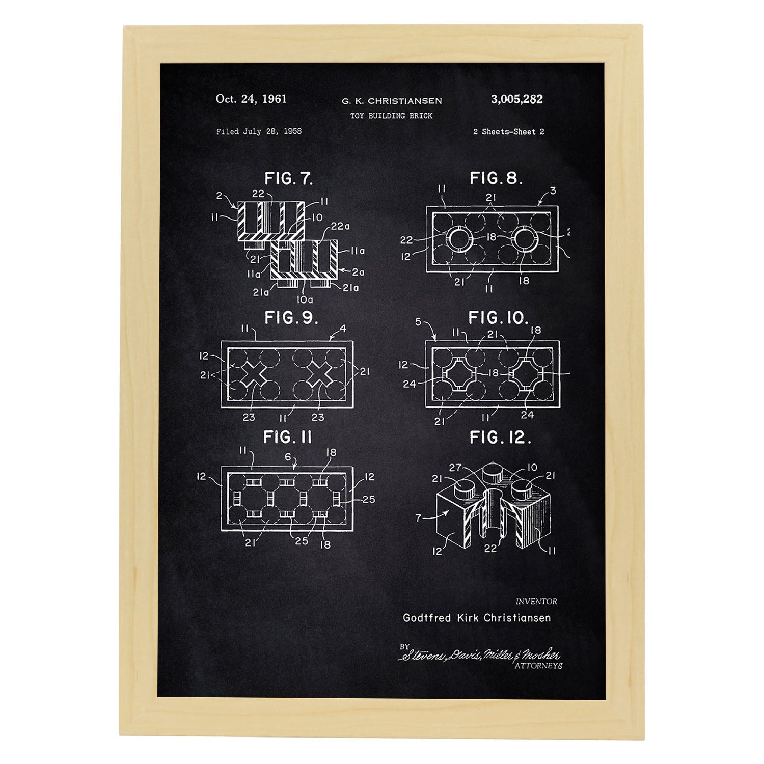 Poster con patente de Piezas lego 2. Lámina con diseño de patente antigua-Artwork-Nacnic-A4-Marco Madera clara-Nacnic Estudio SL
