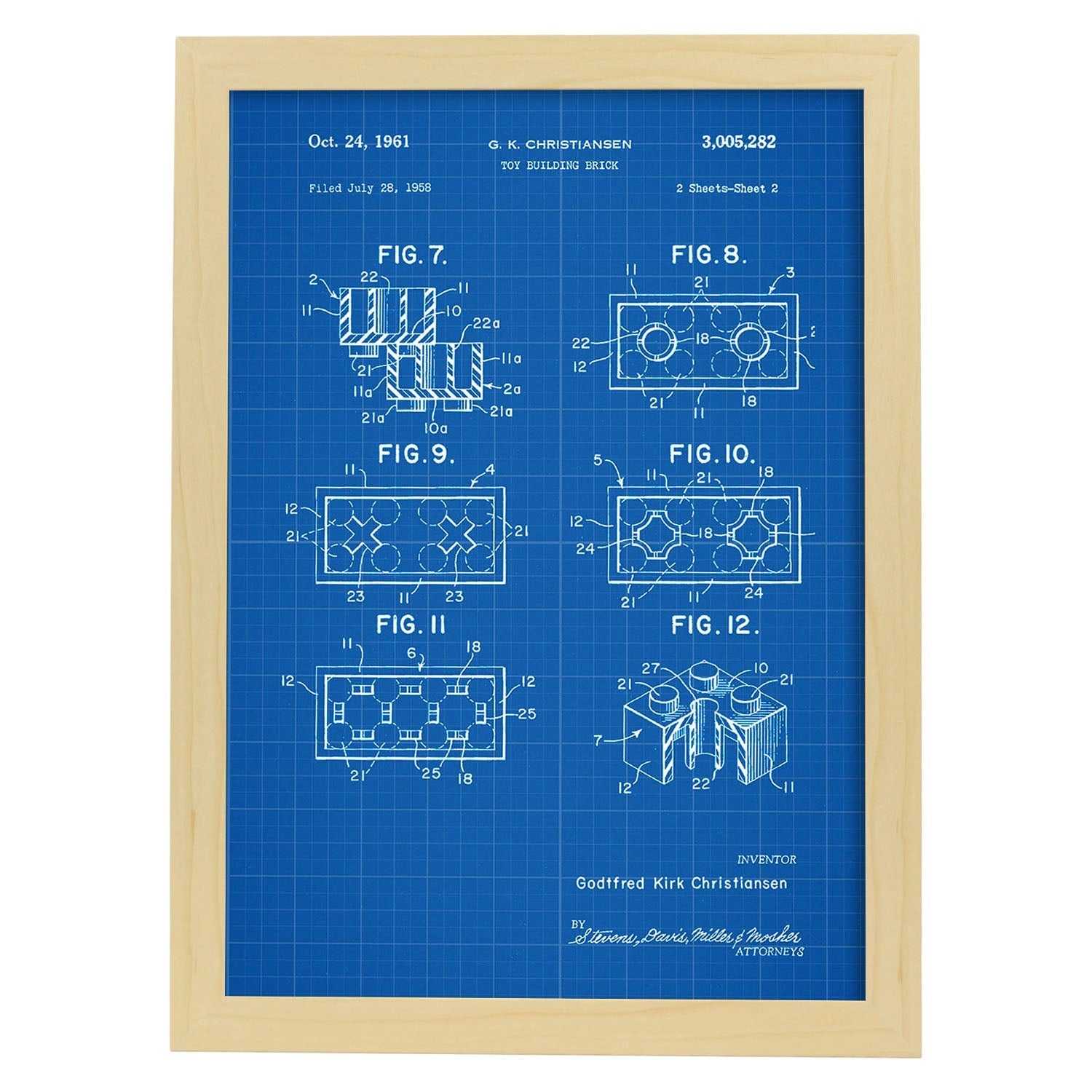 Poster con patente de Piezas lego 2. Lámina con diseño de patente antigua-Artwork-Nacnic-A4-Marco Madera clara-Nacnic Estudio SL