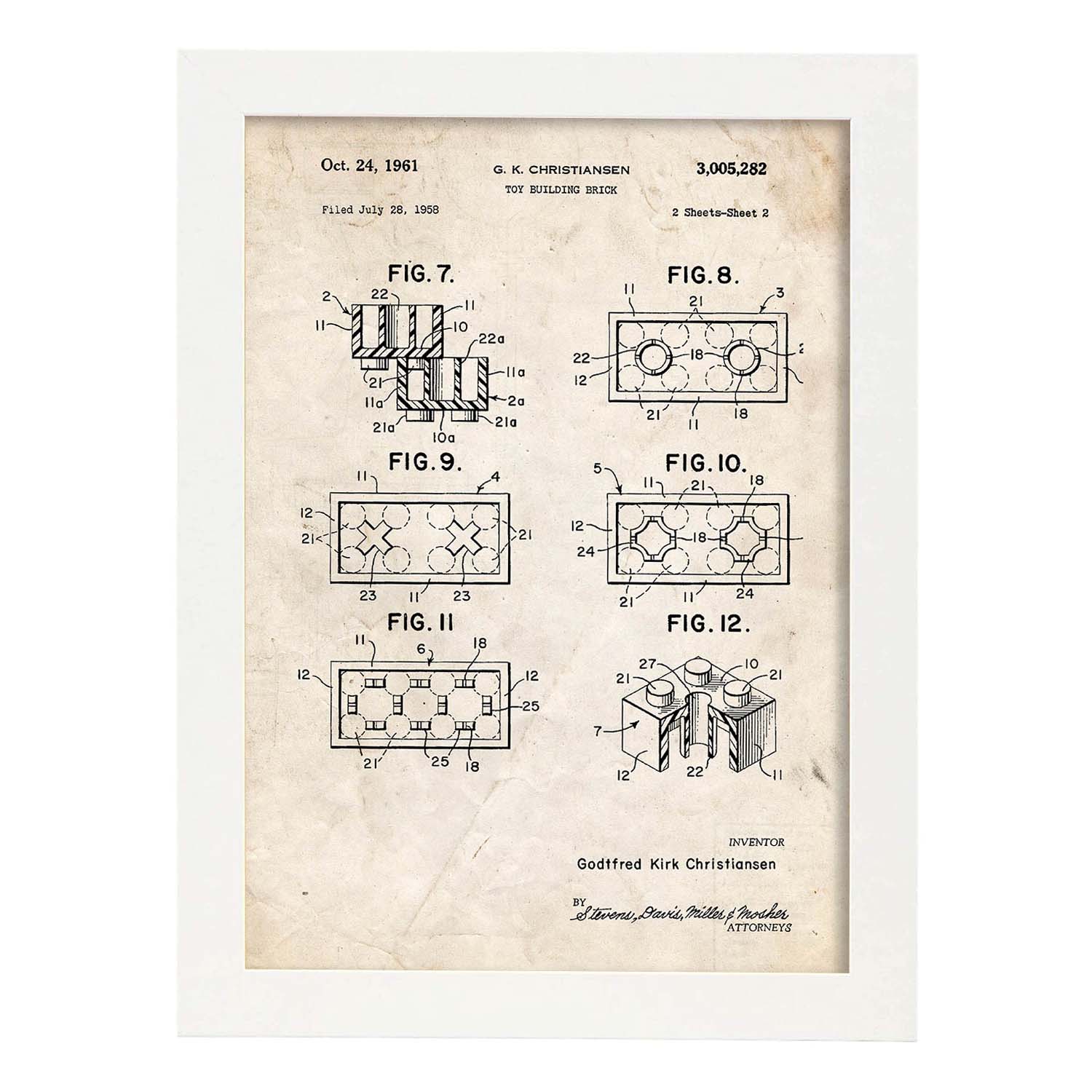 Poster con patente de Piezas lego 2. Lámina con diseño de patente antigua.-Artwork-Nacnic-A3-Marco Blanco-Nacnic Estudio SL