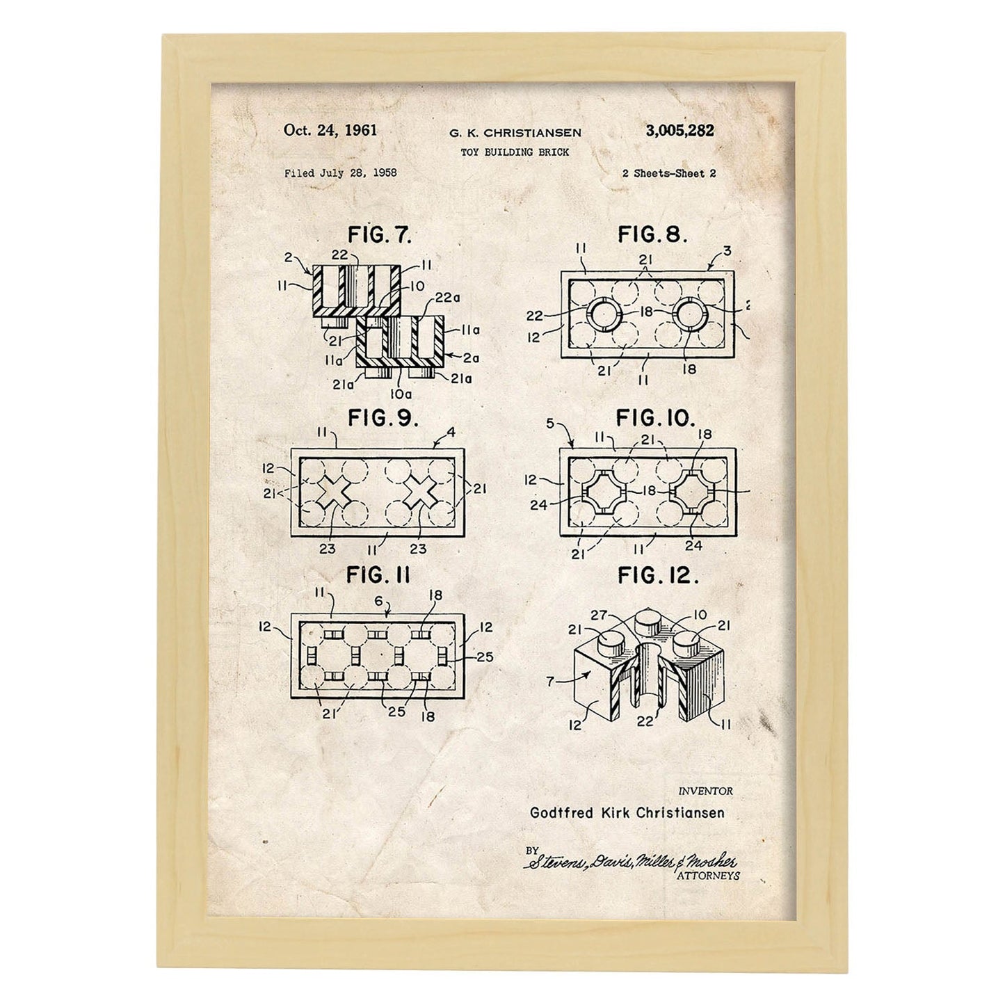Poster con patente de Piezas lego 2. Lámina con diseño de patente antigua.-Artwork-Nacnic-A3-Marco Madera clara-Nacnic Estudio SL