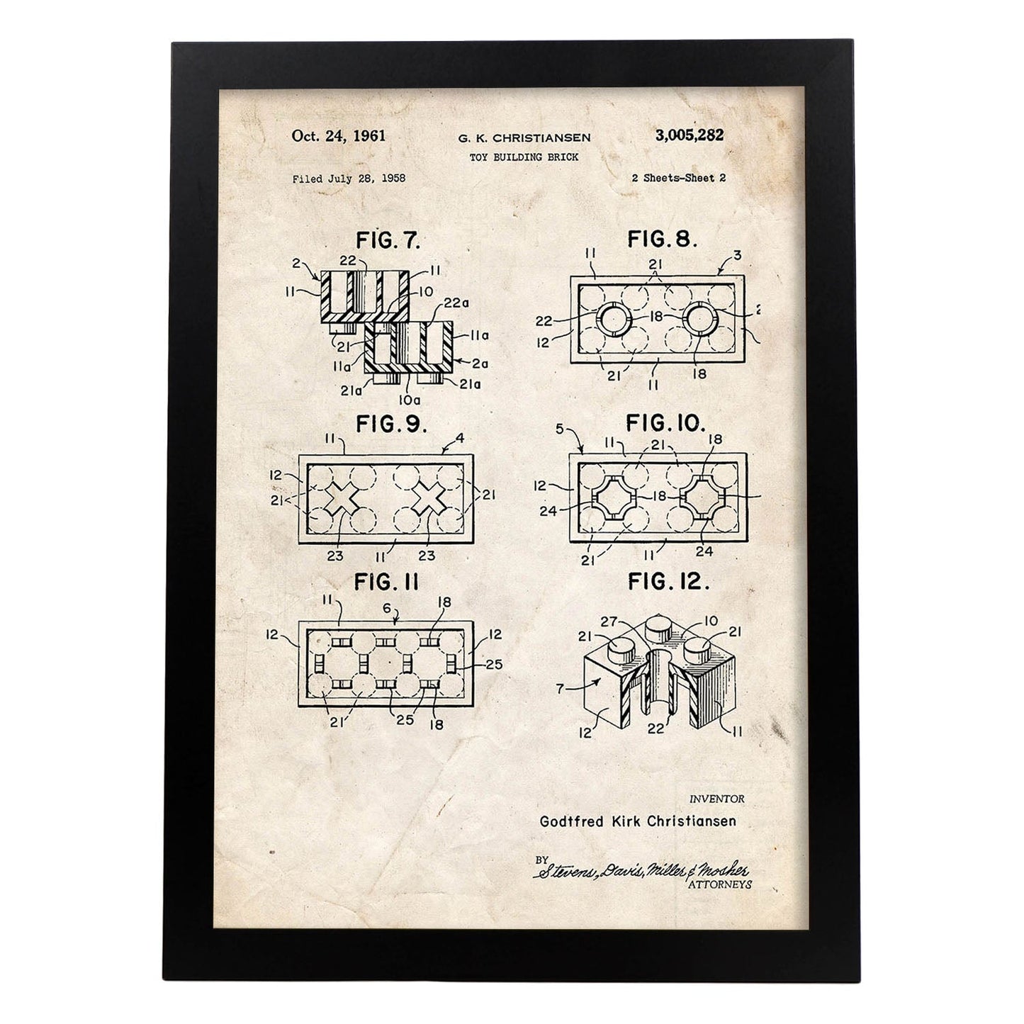 Poster con patente de Piezas lego 2. Lámina con diseño de patente antigua.-Artwork-Nacnic-A3-Marco Negro-Nacnic Estudio SL