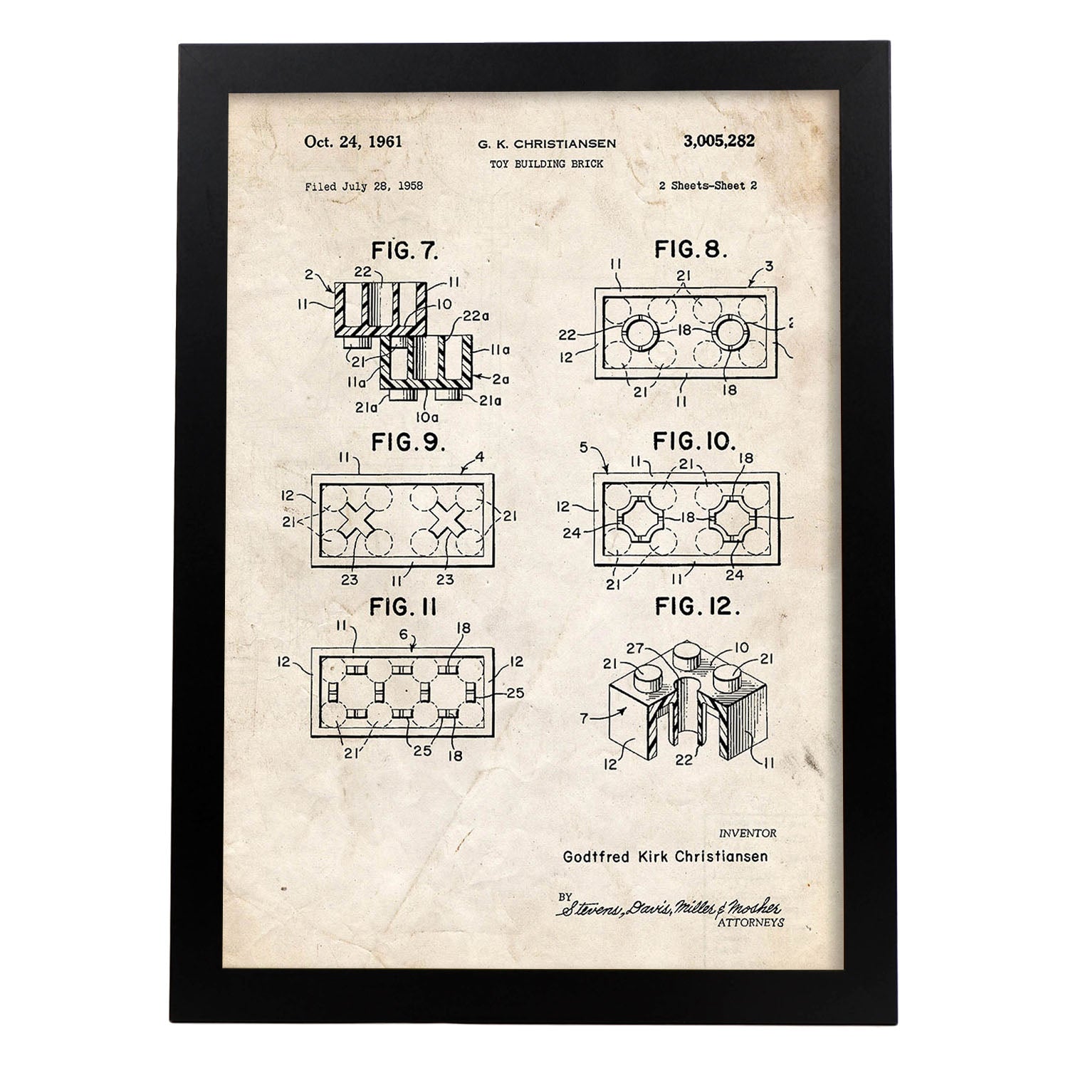Poster con patente de Piezas lego 2. Lámina con diseño de patente antigua.-Artwork-Nacnic-A3-Marco Negro-Nacnic Estudio SL