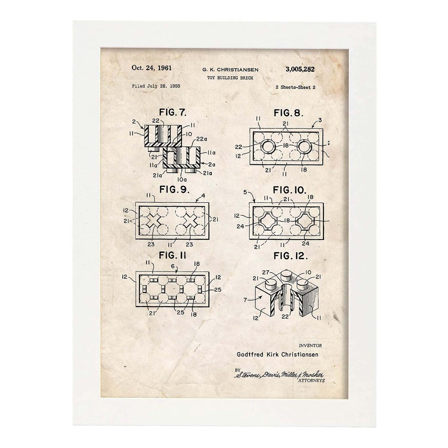 Poster con patente de Piezas lego 2. Lámina con diseño de patente antigua.-Artwork-Nacnic-A4-Marco Blanco-Nacnic Estudio SL