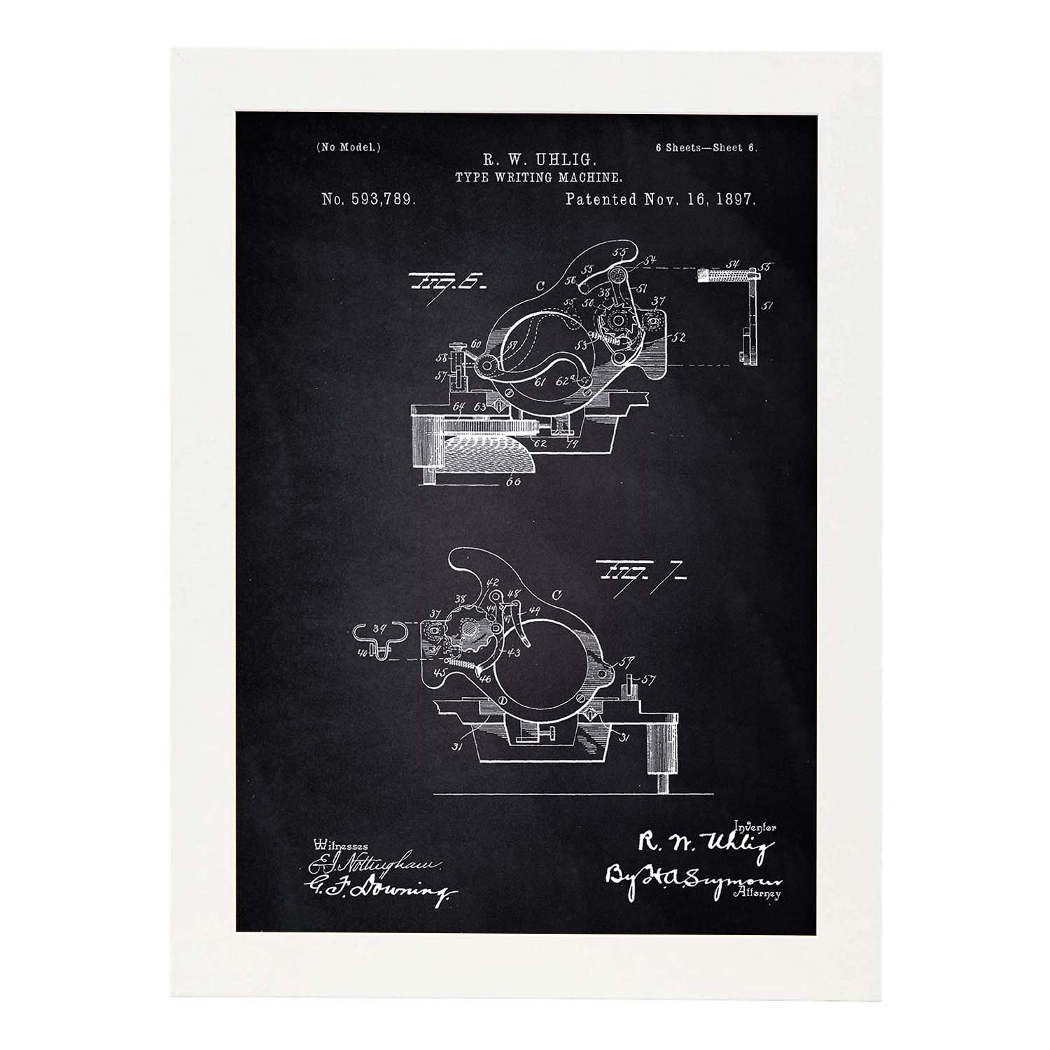 Poster con patente de Piezas maquina de escribir. Lámina con diseño de patente antigua-Artwork-Nacnic-A3-Marco Blanco-Nacnic Estudio SL