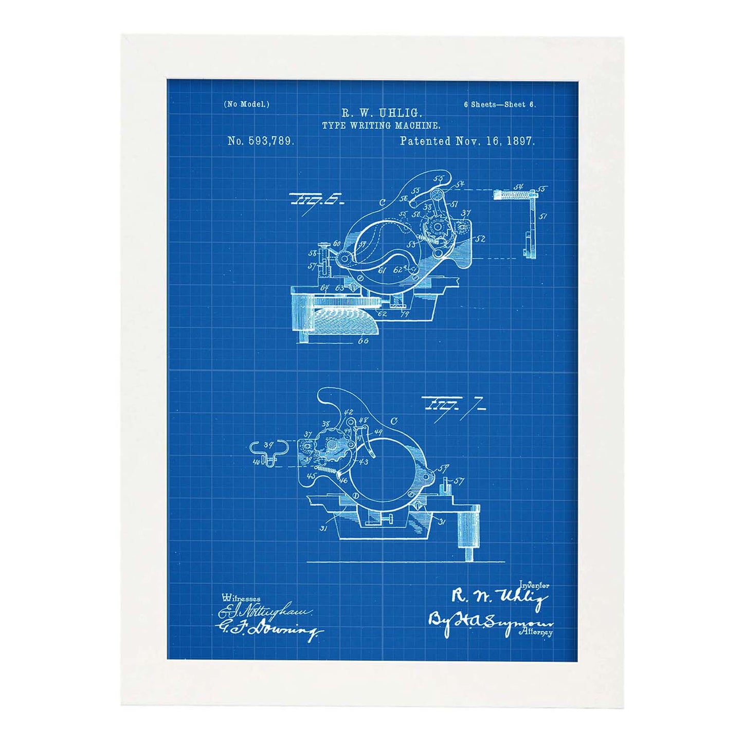 Poster con patente de Piezas maquina de escribir. Lámina con diseño de patente antigua-Artwork-Nacnic-A3-Marco Blanco-Nacnic Estudio SL