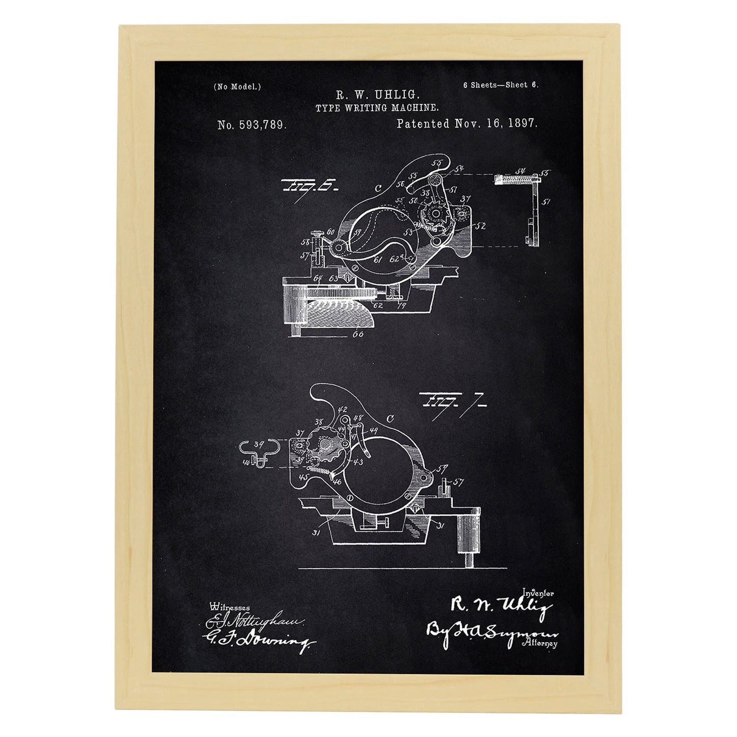 Poster con patente de Piezas maquina de escribir. Lámina con diseño de patente antigua-Artwork-Nacnic-A3-Marco Madera clara-Nacnic Estudio SL