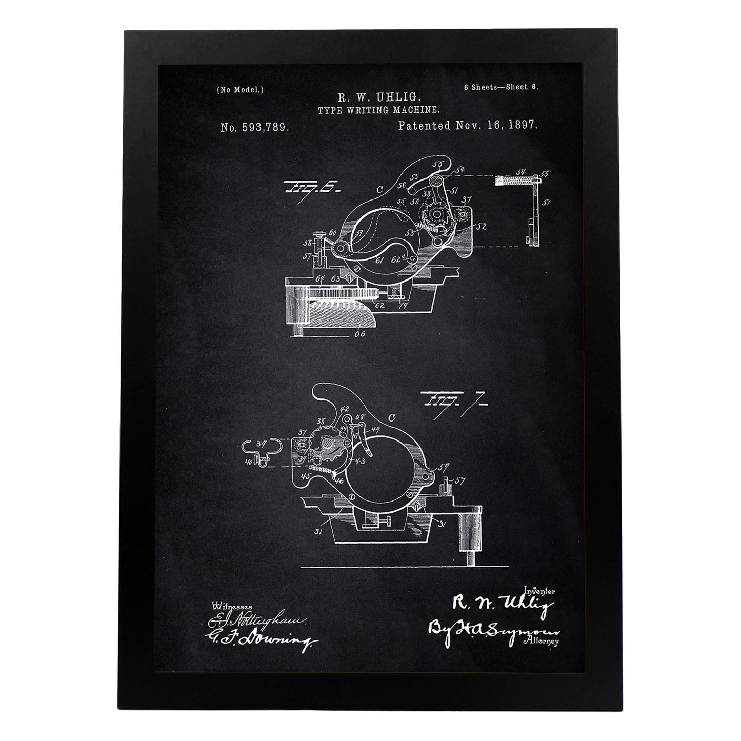 Poster con patente de Piezas maquina de escribir. Lámina con diseño de patente antigua-Artwork-Nacnic-A3-Marco Negro-Nacnic Estudio SL