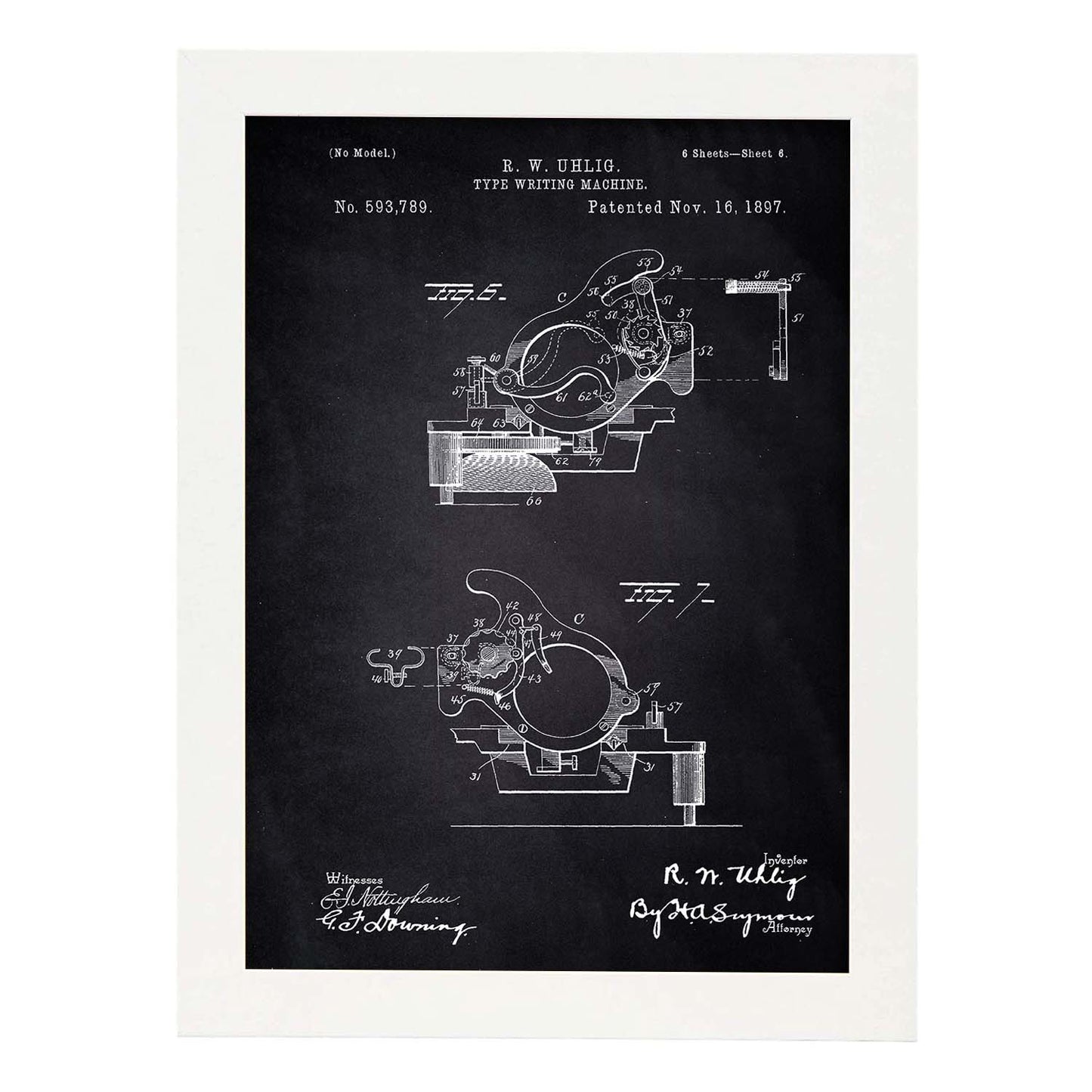 Poster con patente de Piezas maquina de escribir. Lámina con diseño de patente antigua-Artwork-Nacnic-A4-Marco Blanco-Nacnic Estudio SL