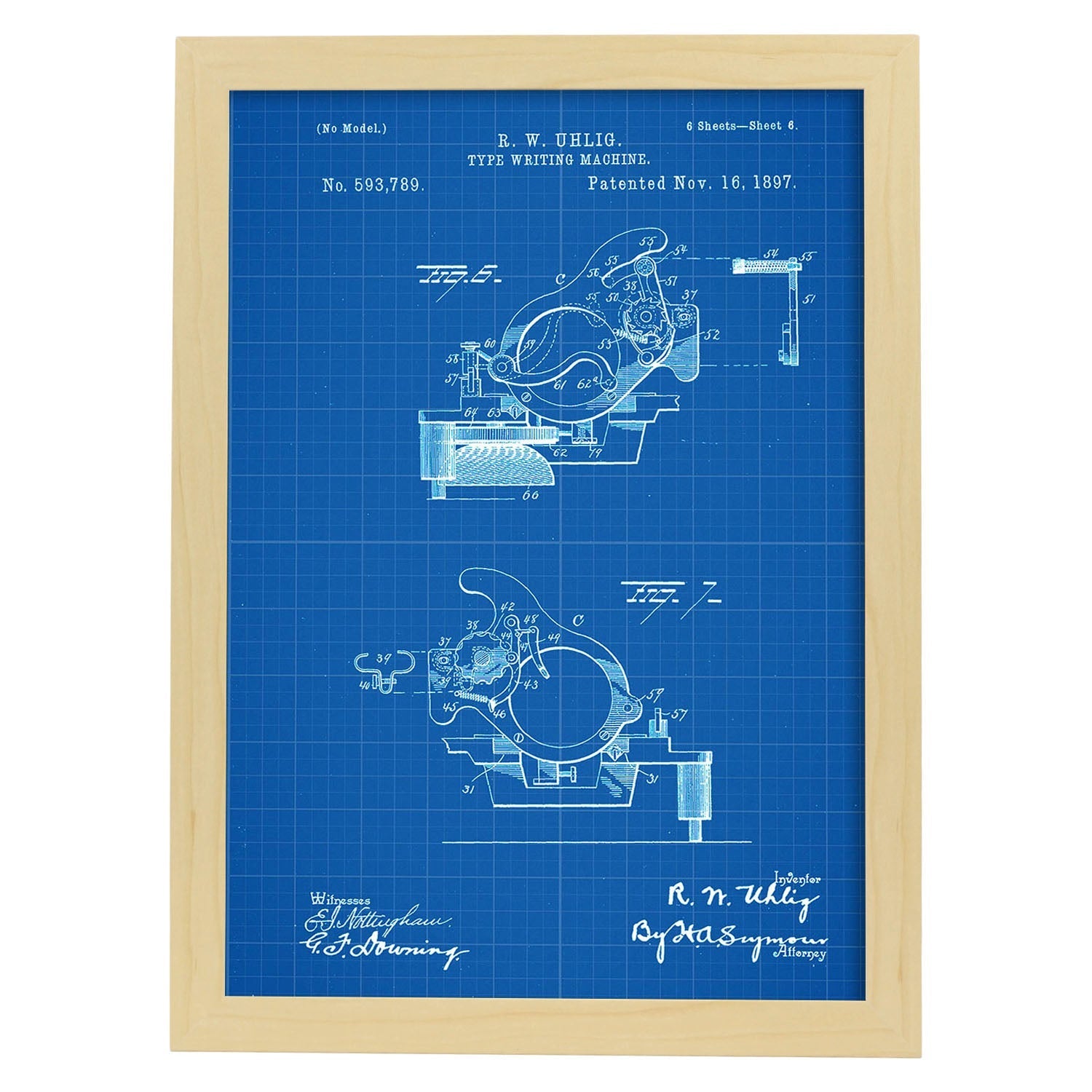 Poster con patente de Piezas maquina de escribir. Lámina con diseño de patente antigua-Artwork-Nacnic-A4-Marco Madera clara-Nacnic Estudio SL