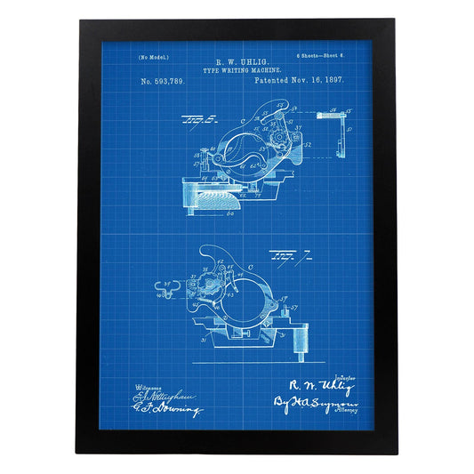 Poster con patente de Piezas maquina de escribir. Lámina con diseño de patente antigua-Artwork-Nacnic-A4-Marco Negro-Nacnic Estudio SL