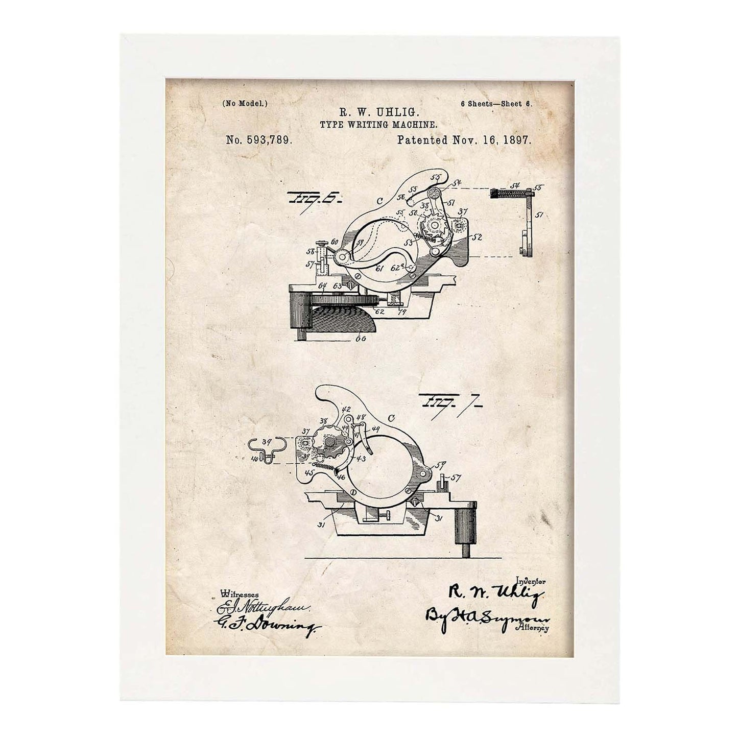 Poster con patente de Piezas maquina de escribir. Lámina con diseño de patente antigua.-Artwork-Nacnic-A3-Marco Blanco-Nacnic Estudio SL