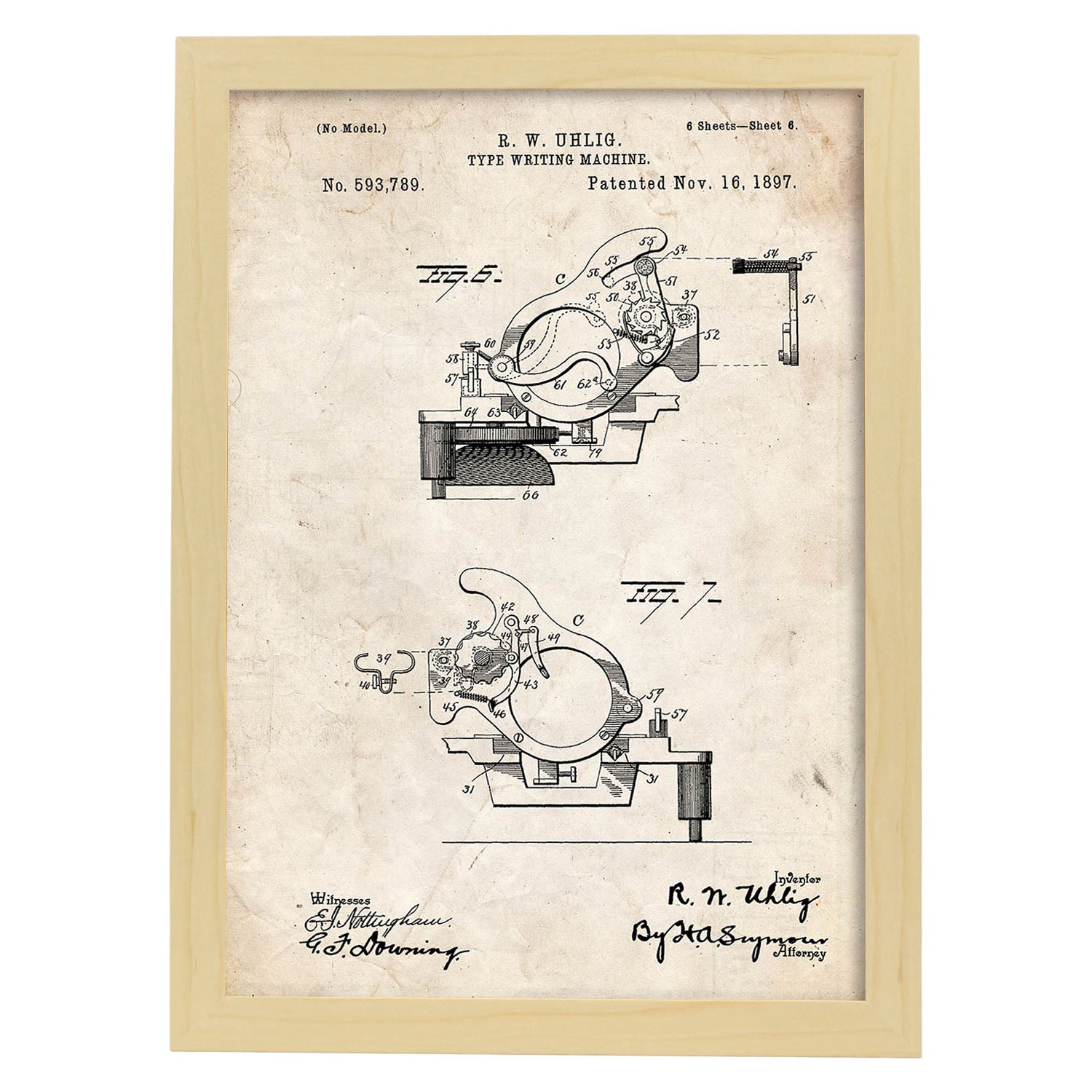 Poster con patente de Piezas maquina de escribir. Lámina con diseño de patente antigua.-Artwork-Nacnic-A3-Marco Madera clara-Nacnic Estudio SL