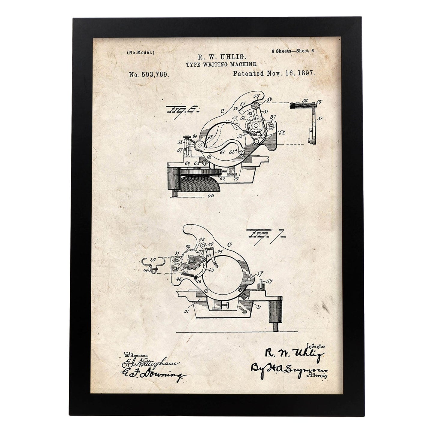 Poster con patente de Piezas maquina de escribir. Lámina con diseño de patente antigua.-Artwork-Nacnic-A3-Marco Negro-Nacnic Estudio SL
