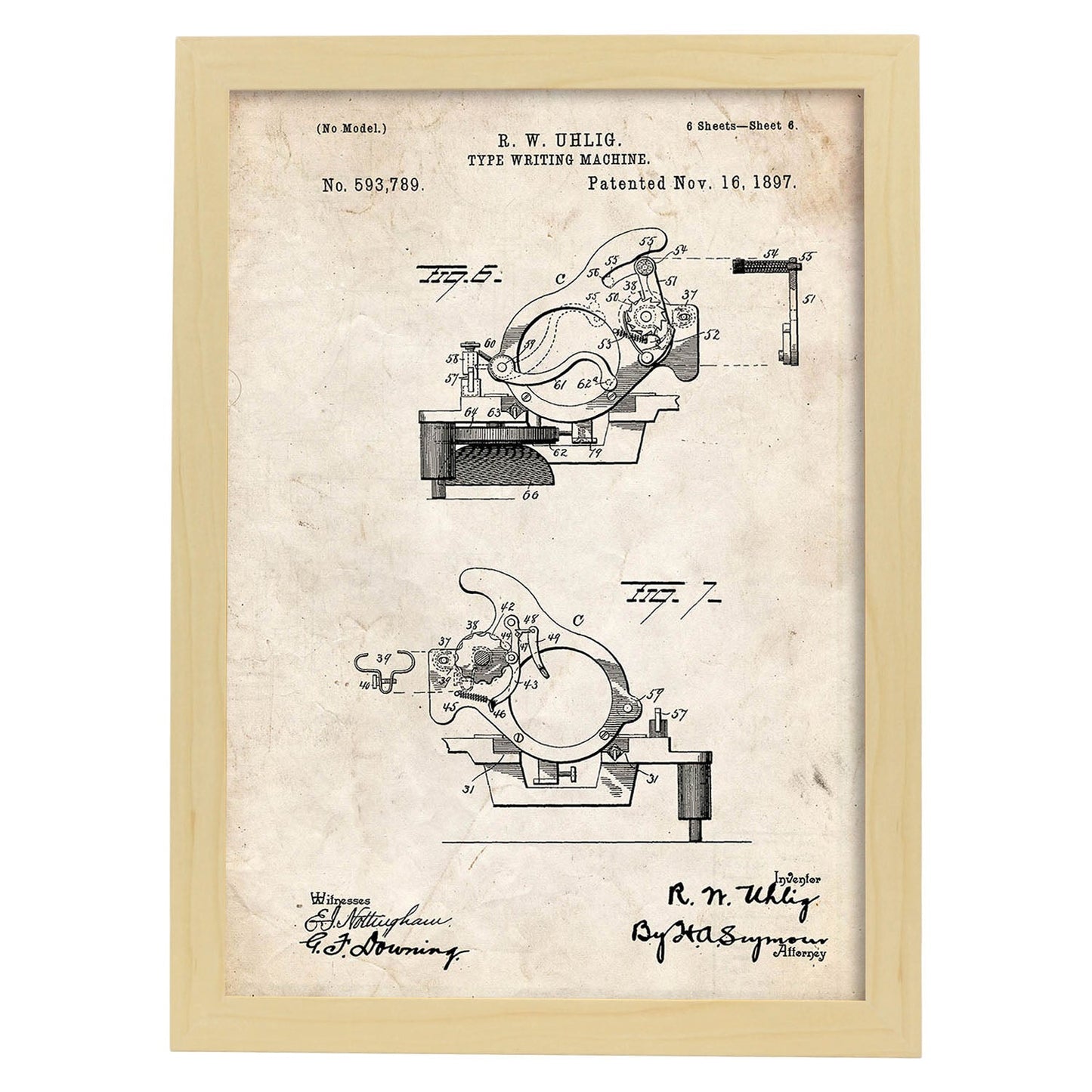 Poster con patente de Piezas maquina de escribir. Lámina con diseño de patente antigua.-Artwork-Nacnic-A4-Marco Madera clara-Nacnic Estudio SL