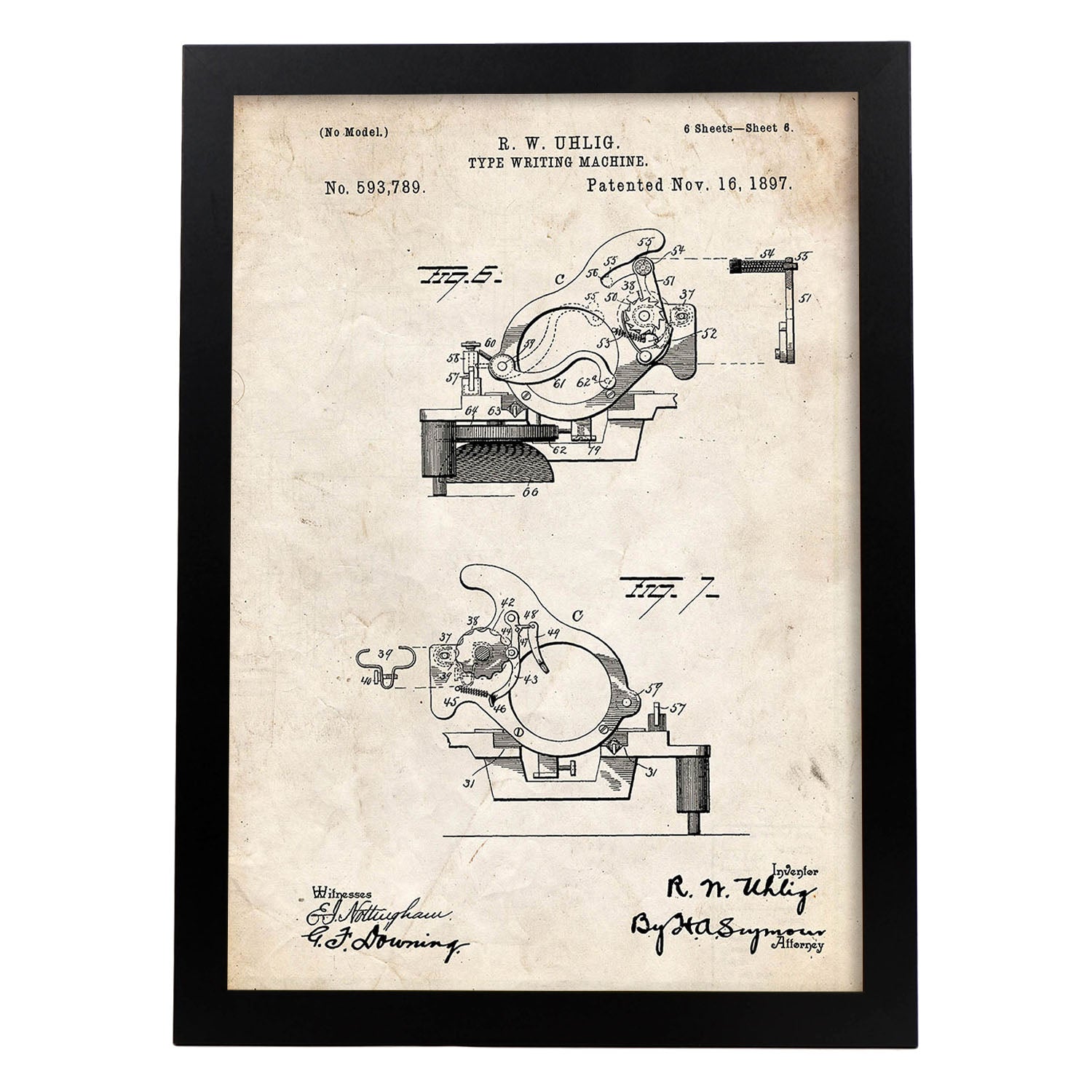Poster con patente de Piezas maquina de escribir. Lámina con diseño de patente antigua.-Artwork-Nacnic-A4-Marco Negro-Nacnic Estudio SL