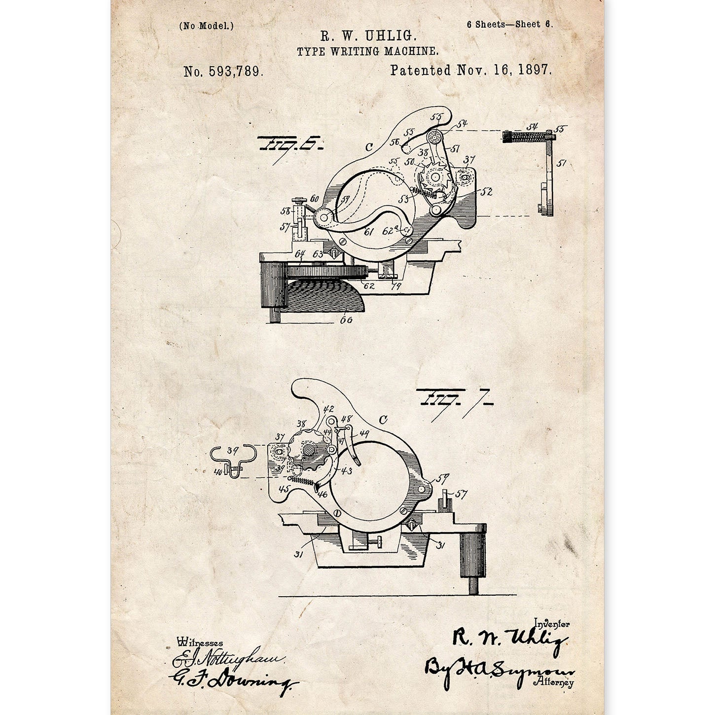 Poster con patente de Piezas maquina de escribir. Lámina con diseño de patente antigua.-Artwork-Nacnic-A4-Sin marco-Nacnic Estudio SL