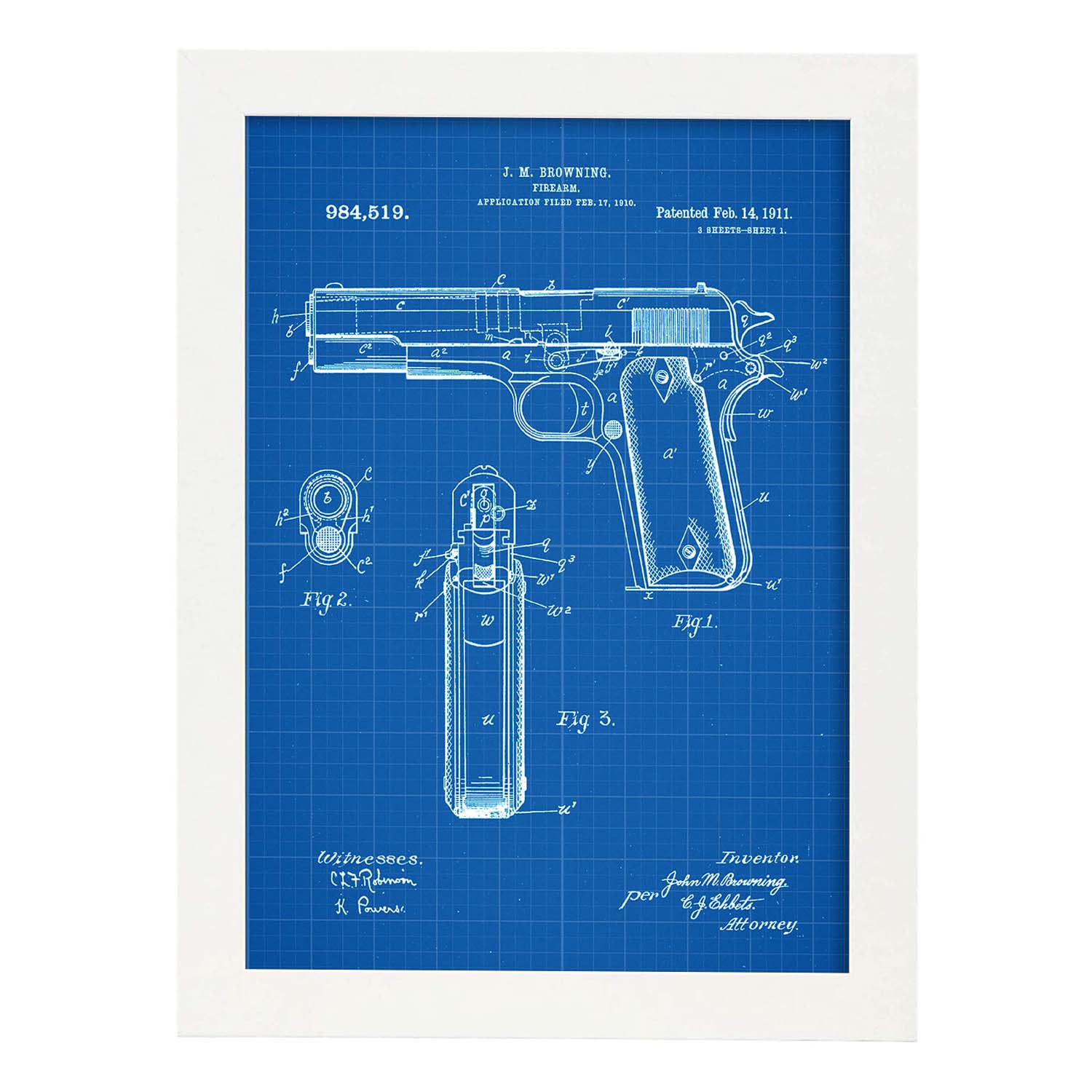 Poster con patente de Pistola browning. Lámina con diseño de patente antigua-Artwork-Nacnic-A3-Marco Blanco-Nacnic Estudio SL