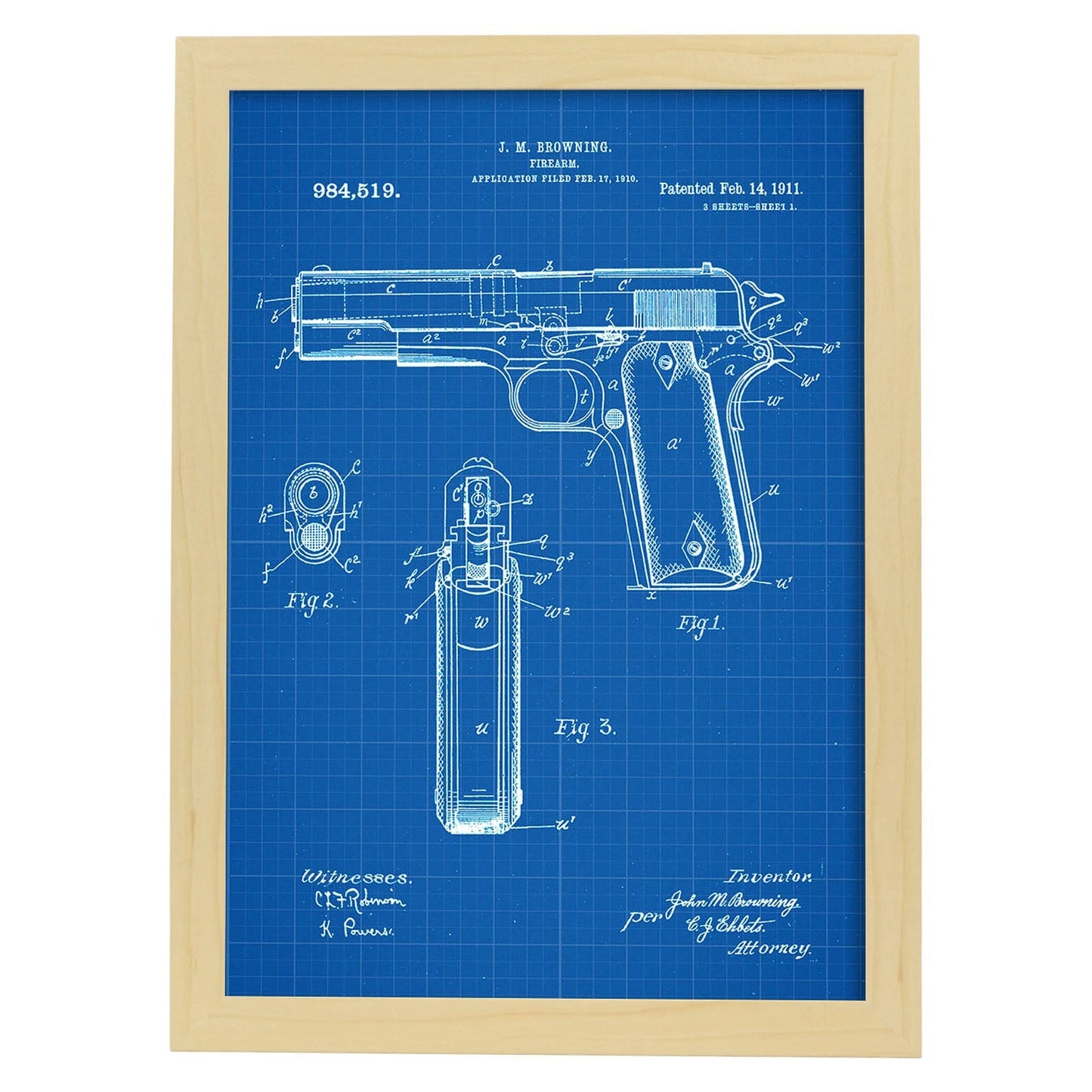 Poster con patente de Pistola browning. Lámina con diseño de patente antigua-Artwork-Nacnic-A3-Marco Madera clara-Nacnic Estudio SL