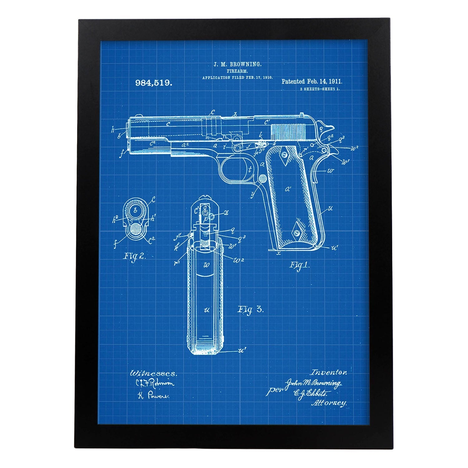 Poster con patente de Pistola browning. Lámina con diseño de patente antigua-Artwork-Nacnic-A3-Marco Negro-Nacnic Estudio SL