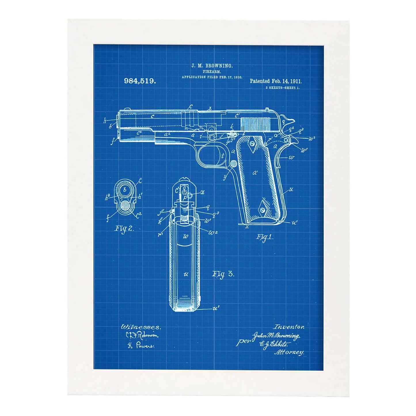 Poster con patente de Pistola browning. Lámina con diseño de patente antigua-Artwork-Nacnic-A4-Marco Blanco-Nacnic Estudio SL
