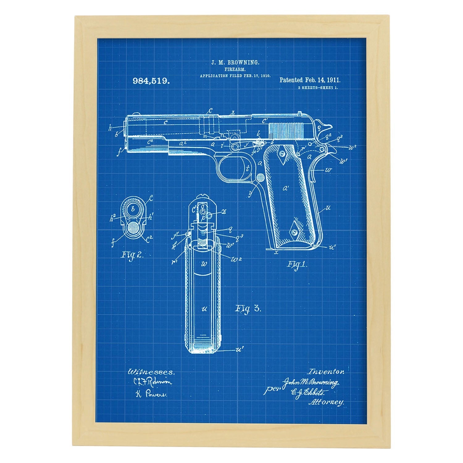 Poster con patente de Pistola browning. Lámina con diseño de patente antigua-Artwork-Nacnic-A4-Marco Madera clara-Nacnic Estudio SL