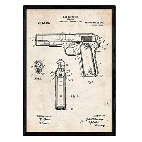 Poster con patente de Pistola browning. Lámina con diseño de patente antigua.-Artwork-Nacnic-Nacnic Estudio SL