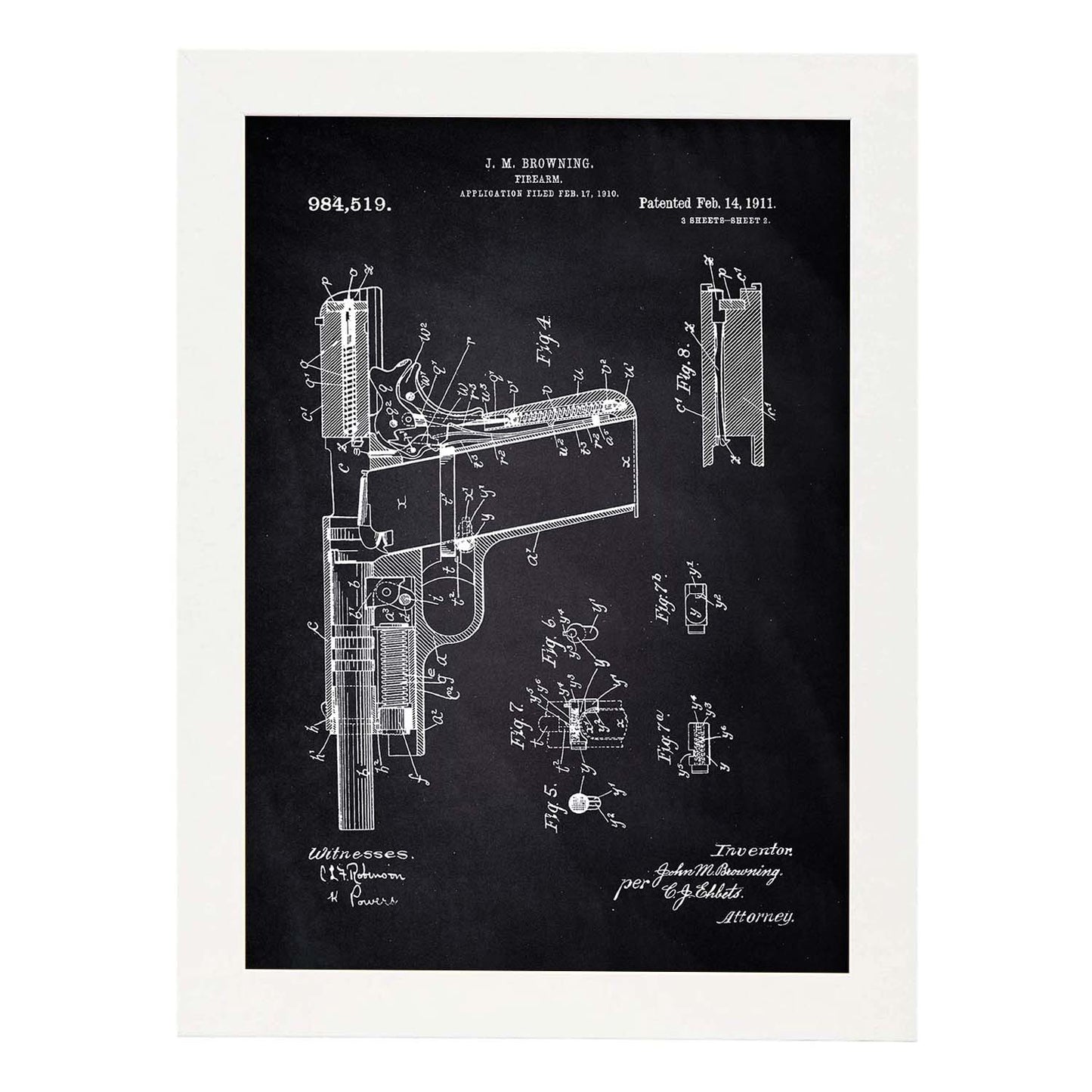 Poster con patente de Pistola. Lámina con diseño de patente antigua-Artwork-Nacnic-A3-Marco Blanco-Nacnic Estudio SL