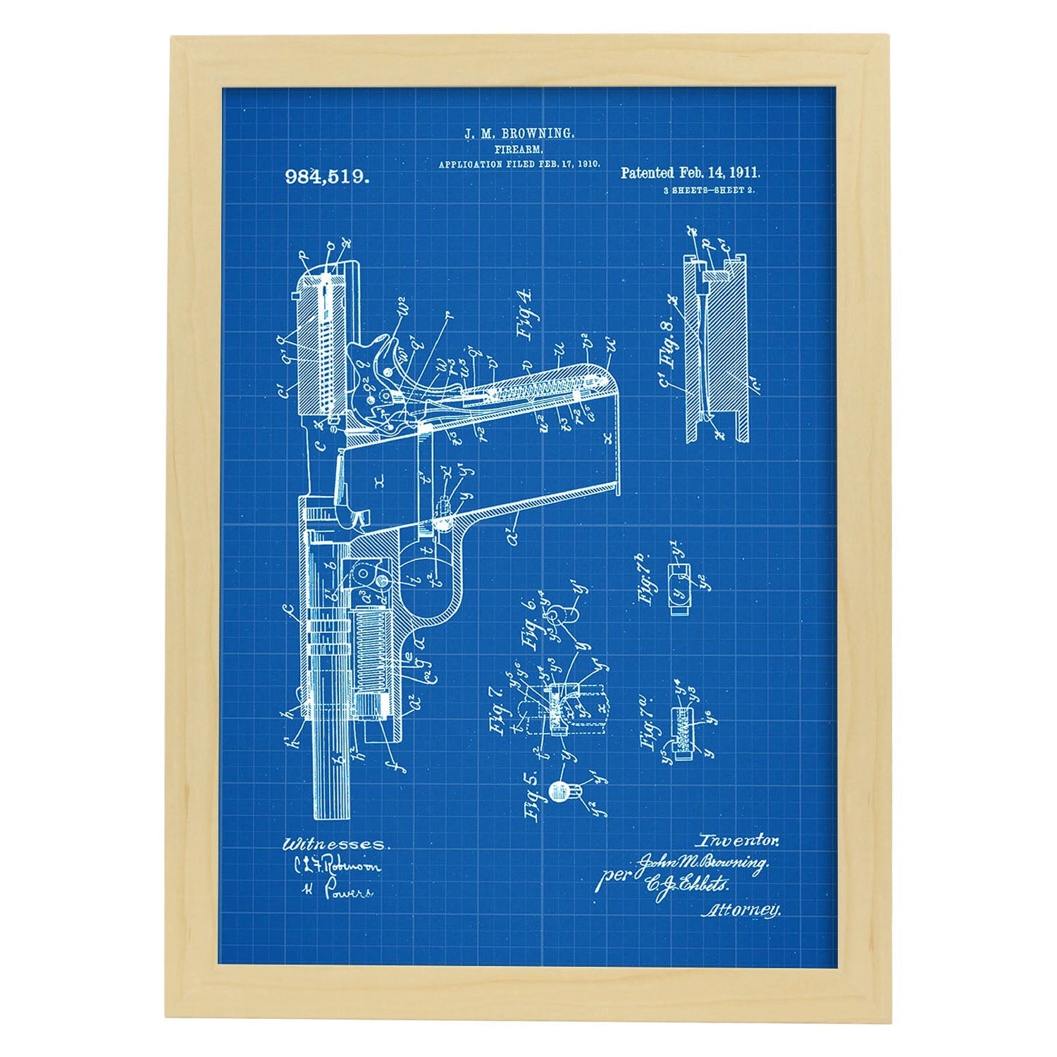 Poster con patente de Pistola. Lámina con diseño de patente antigua-Artwork-Nacnic-A3-Marco Madera clara-Nacnic Estudio SL