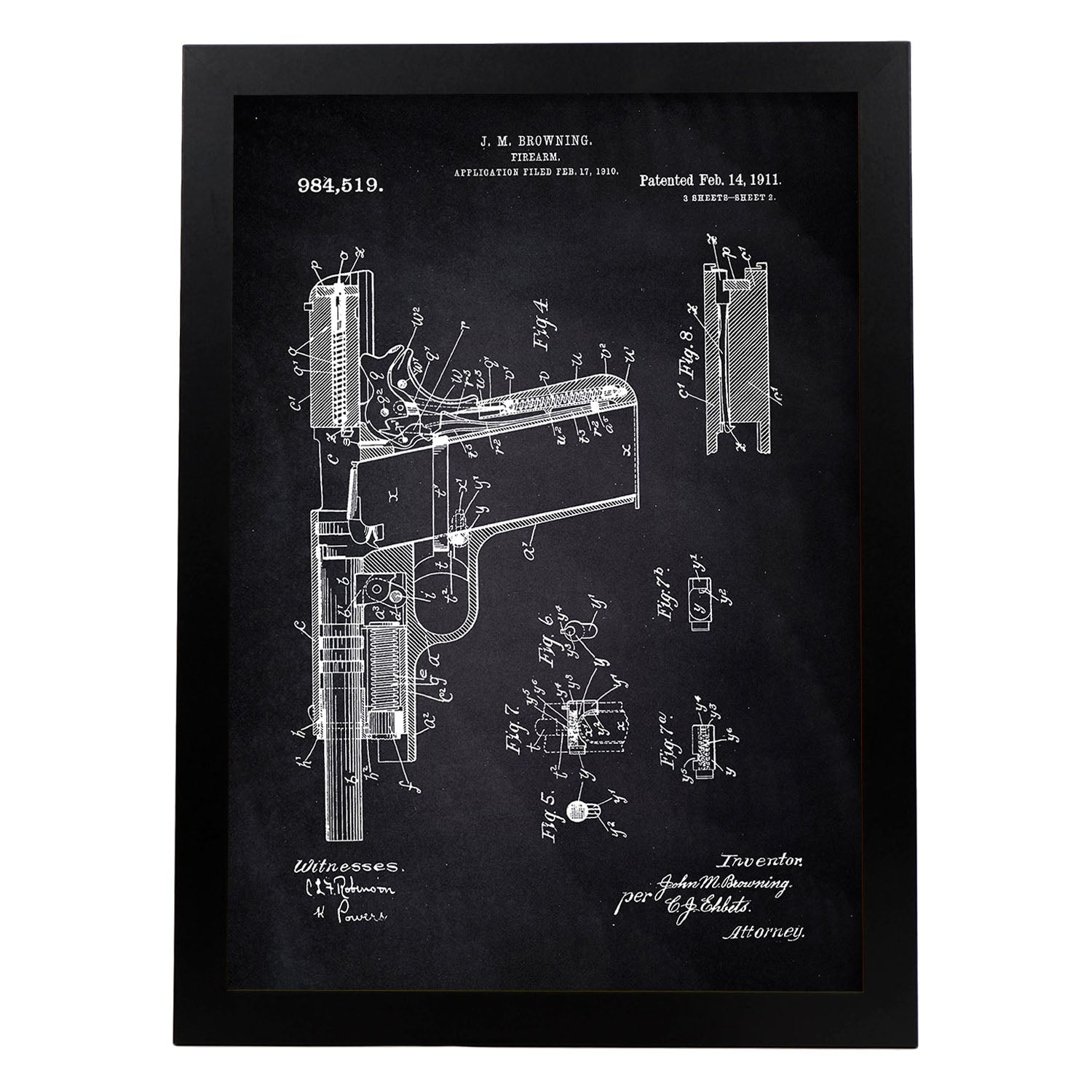 Poster con patente de Pistola. Lámina con diseño de patente antigua-Artwork-Nacnic-A3-Marco Negro-Nacnic Estudio SL