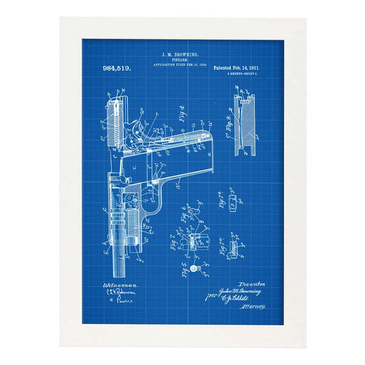 Poster con patente de Pistola. Lámina con diseño de patente antigua-Artwork-Nacnic-A4-Marco Blanco-Nacnic Estudio SL