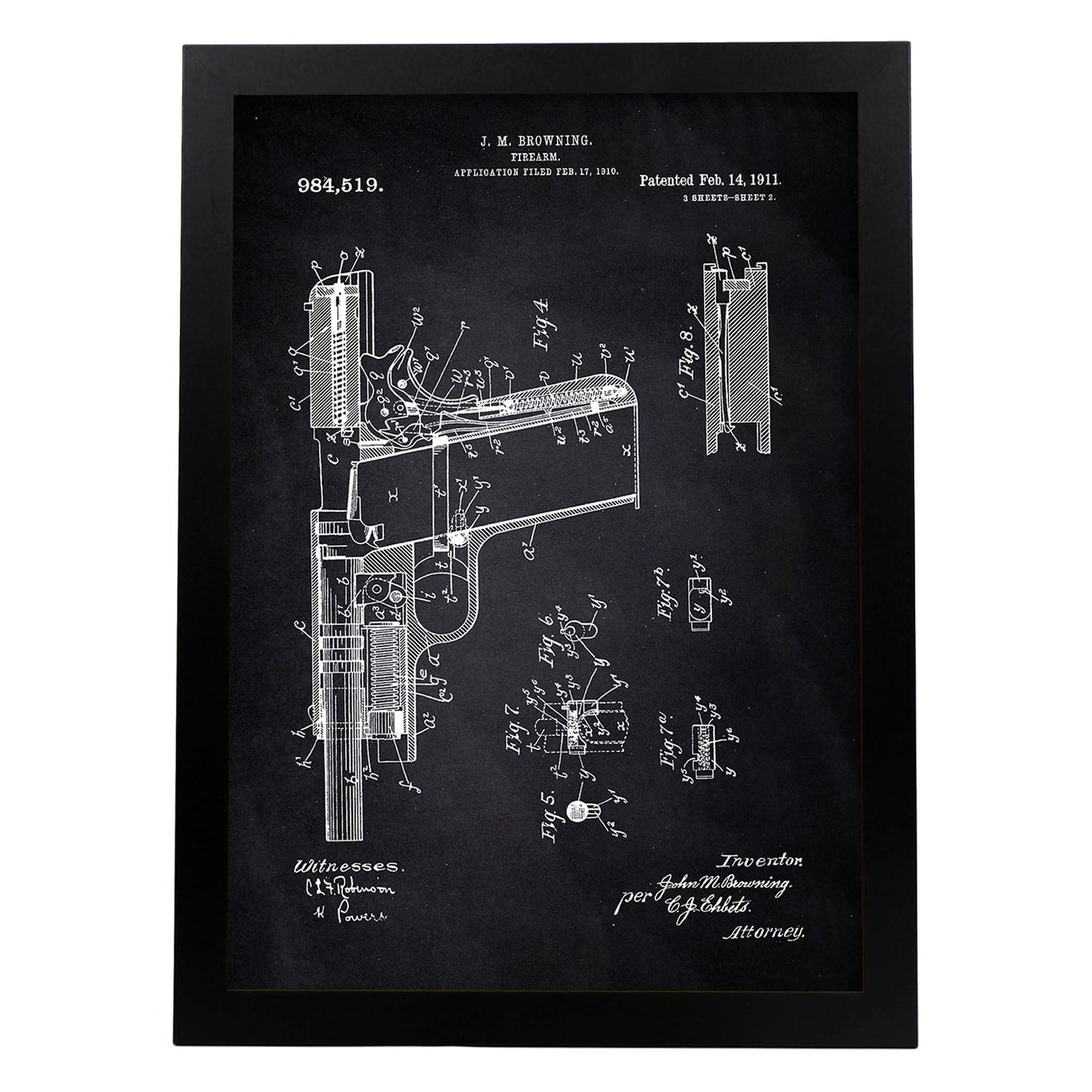 Poster con patente de Pistola. Lámina con diseño de patente antigua-Artwork-Nacnic-A4-Marco Negro-Nacnic Estudio SL