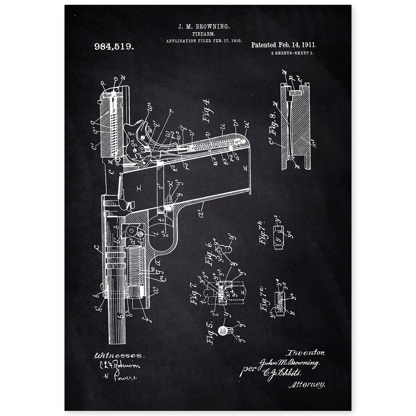 Poster con patente de Pistola. Lámina con diseño de patente antigua-Artwork-Nacnic-A4-Sin marco-Nacnic Estudio SL