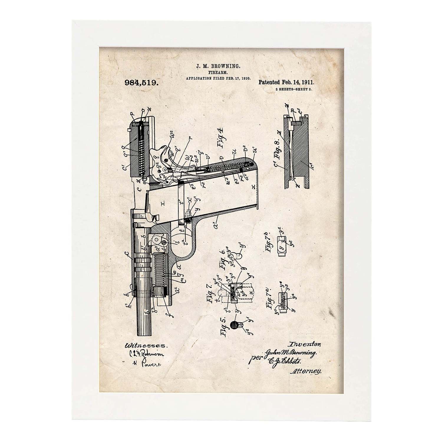 Poster con patente de Pistola. Lámina con diseño de patente antigua.-Artwork-Nacnic-A3-Marco Blanco-Nacnic Estudio SL