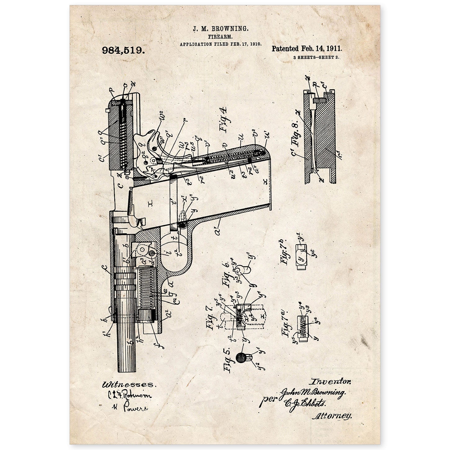 Poster con patente de Pistola. Lámina con diseño de patente antigua.-Artwork-Nacnic-A4-Sin marco-Nacnic Estudio SL