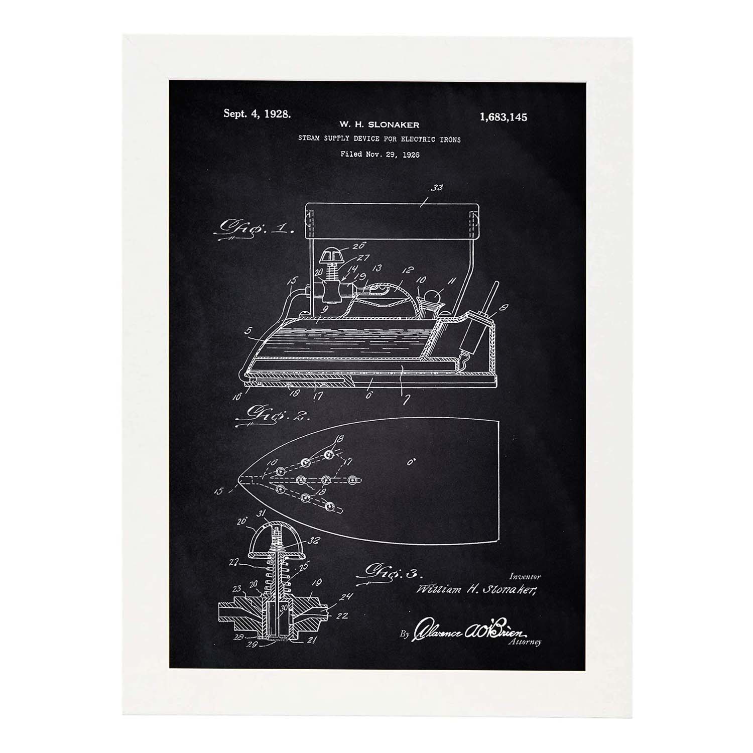 Poster con patente de Plancha con vapor electrica. Lámina con diseño de patente antigua-Artwork-Nacnic-A3-Marco Blanco-Nacnic Estudio SL