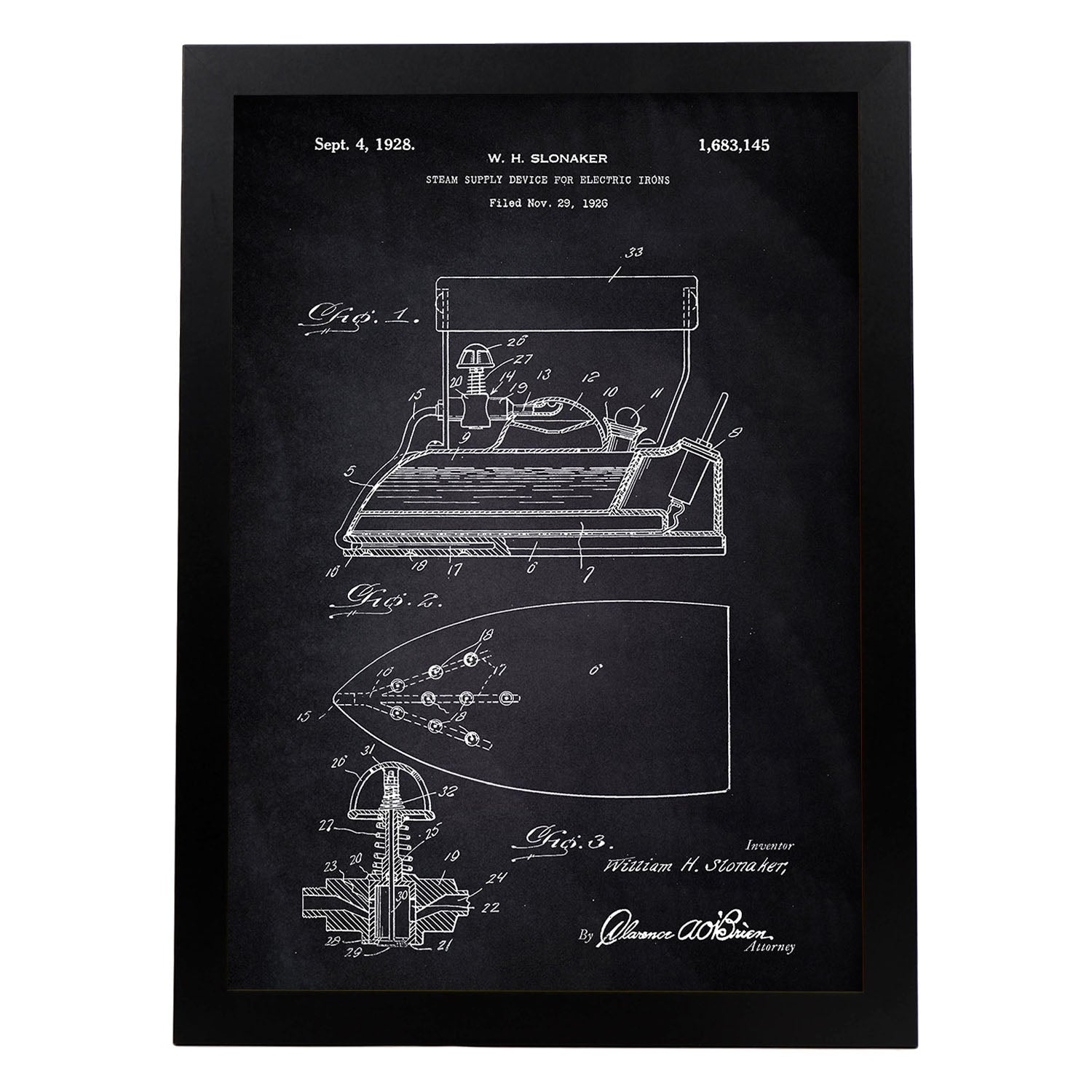 Poster con patente de Plancha con vapor electrica. Lámina con diseño de patente antigua-Artwork-Nacnic-A3-Marco Negro-Nacnic Estudio SL