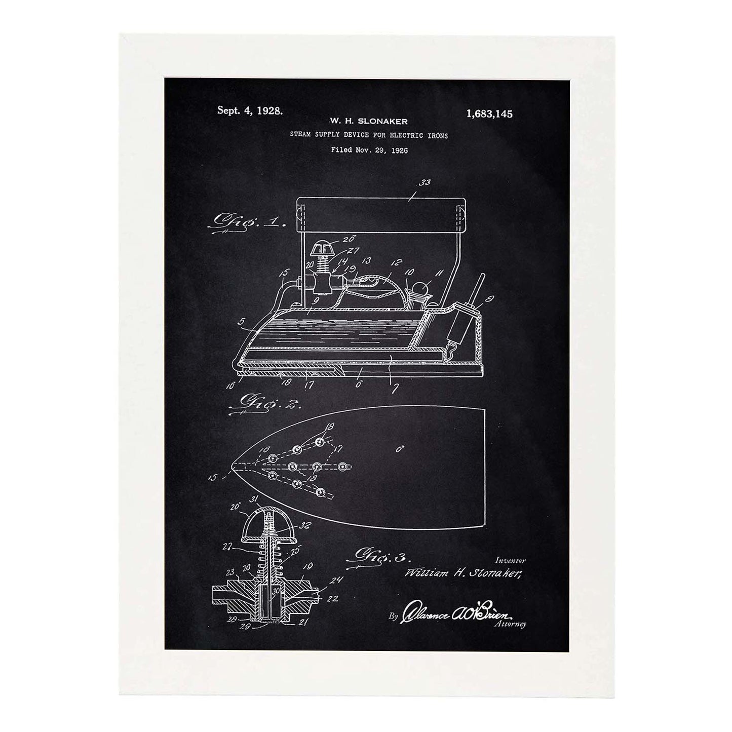 Poster con patente de Plancha con vapor electrica. Lámina con diseño de patente antigua-Artwork-Nacnic-A4-Marco Blanco-Nacnic Estudio SL