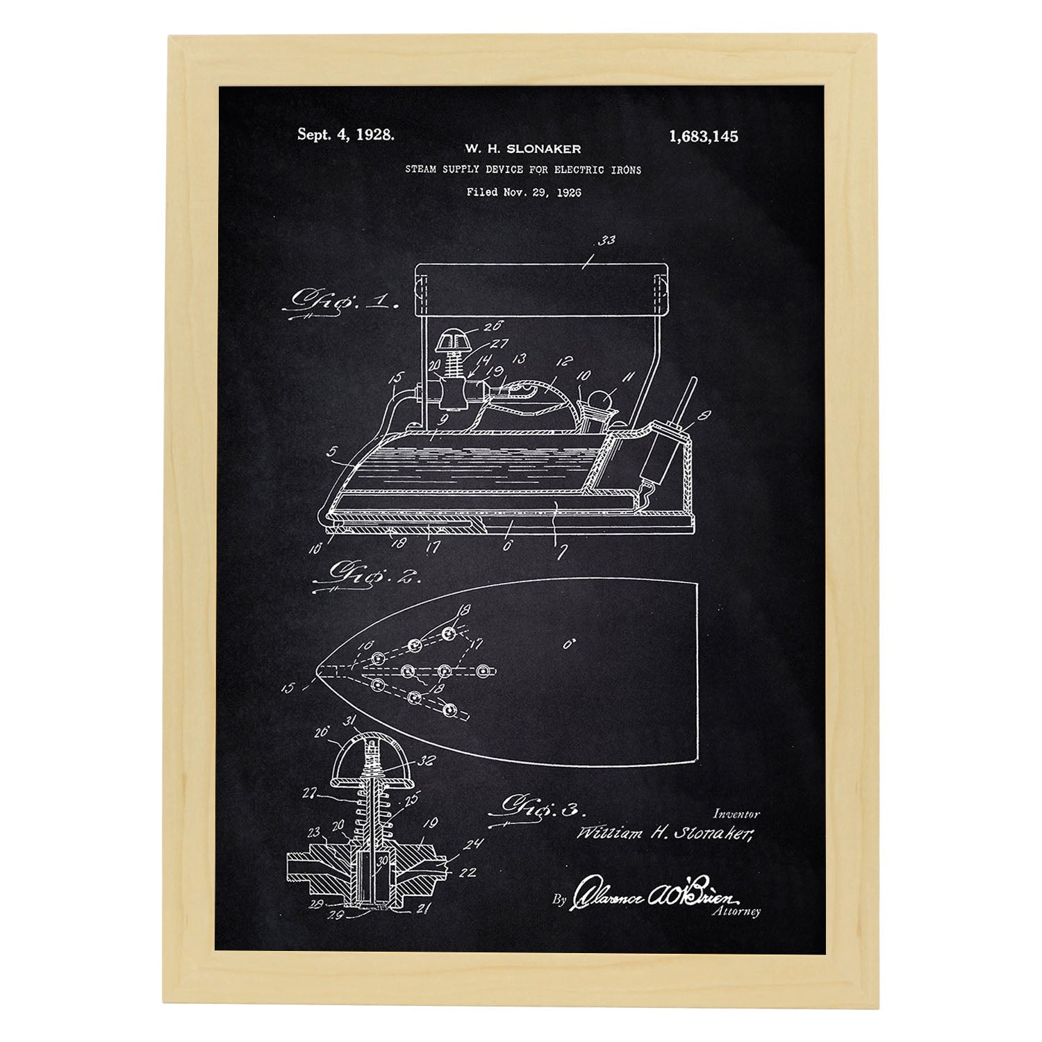Poster con patente de Plancha con vapor electrica. Lámina con diseño de patente antigua-Artwork-Nacnic-A4-Marco Madera clara-Nacnic Estudio SL