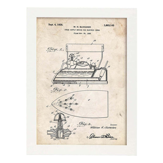Poster con patente de Plancha con vapor electrica. Lámina con diseño de patente antigua.-Artwork-Nacnic-A3-Marco Blanco-Nacnic Estudio SL