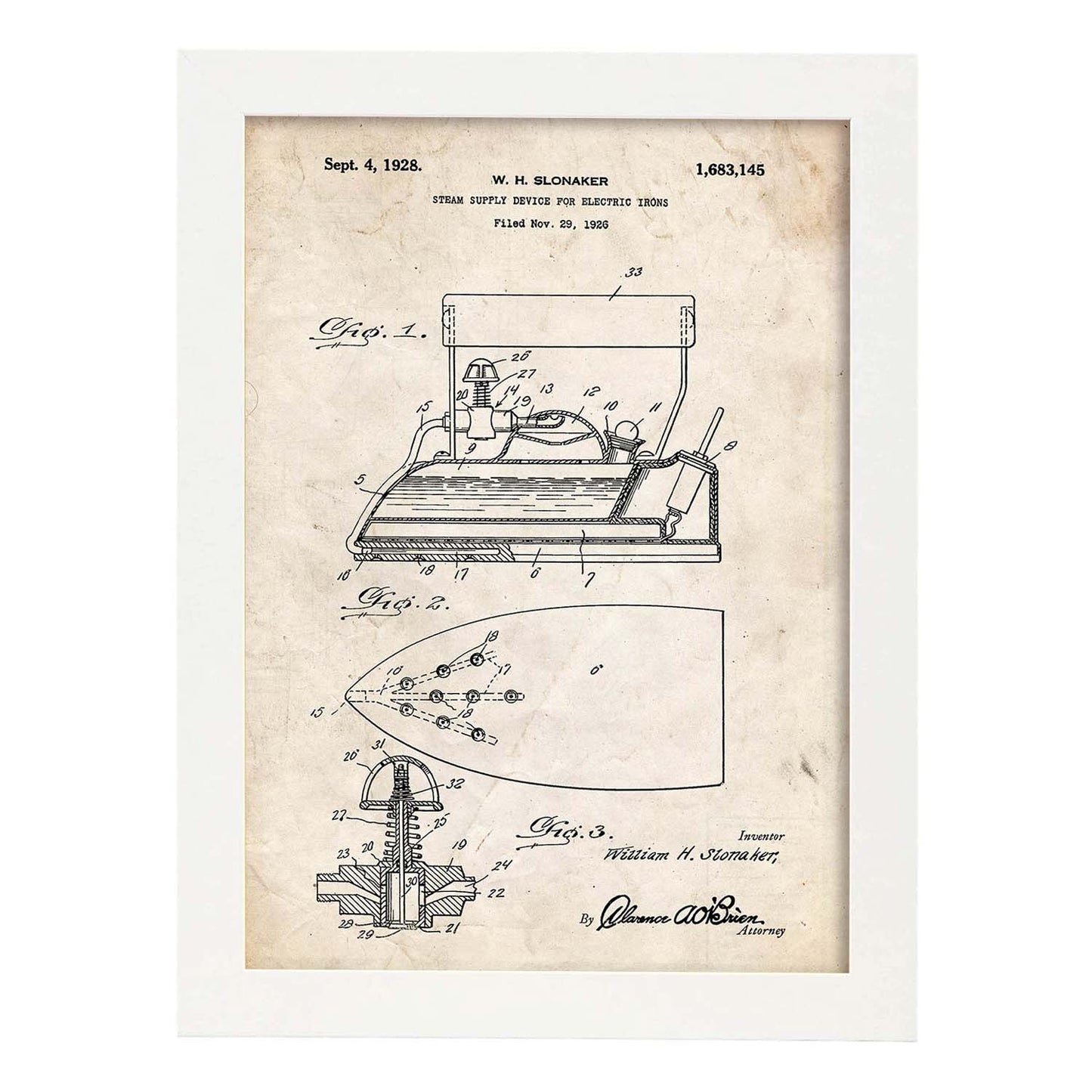 Poster con patente de Plancha con vapor electrica. Lámina con diseño de patente antigua.-Artwork-Nacnic-A4-Marco Blanco-Nacnic Estudio SL
