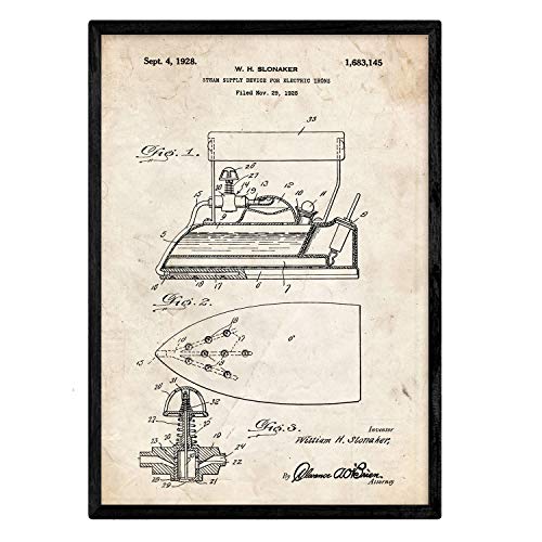 Poster con patente de Plancha con vapor electrica. Lámina con diseño de patente antigua.-Artwork-Nacnic-Nacnic Estudio SL