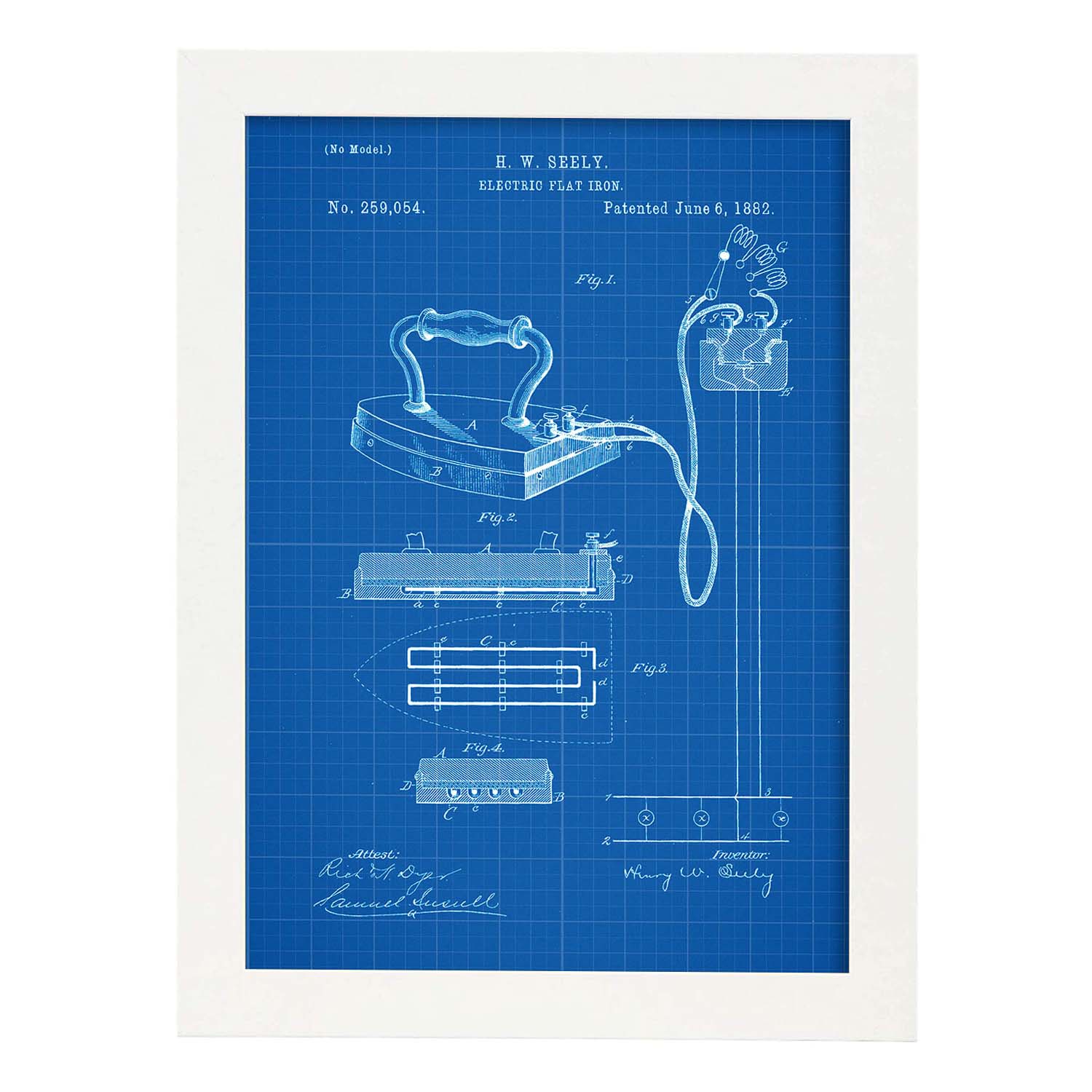 Poster con patente de Plancha electrica. Lámina con diseño de patente antigua-Artwork-Nacnic-A3-Marco Blanco-Nacnic Estudio SL