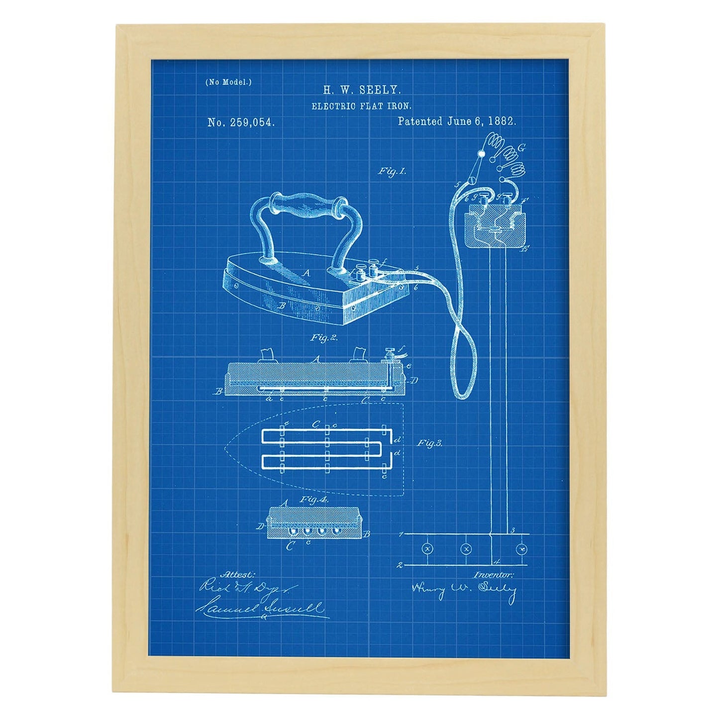 Poster con patente de Plancha electrica. Lámina con diseño de patente antigua-Artwork-Nacnic-A3-Marco Madera clara-Nacnic Estudio SL