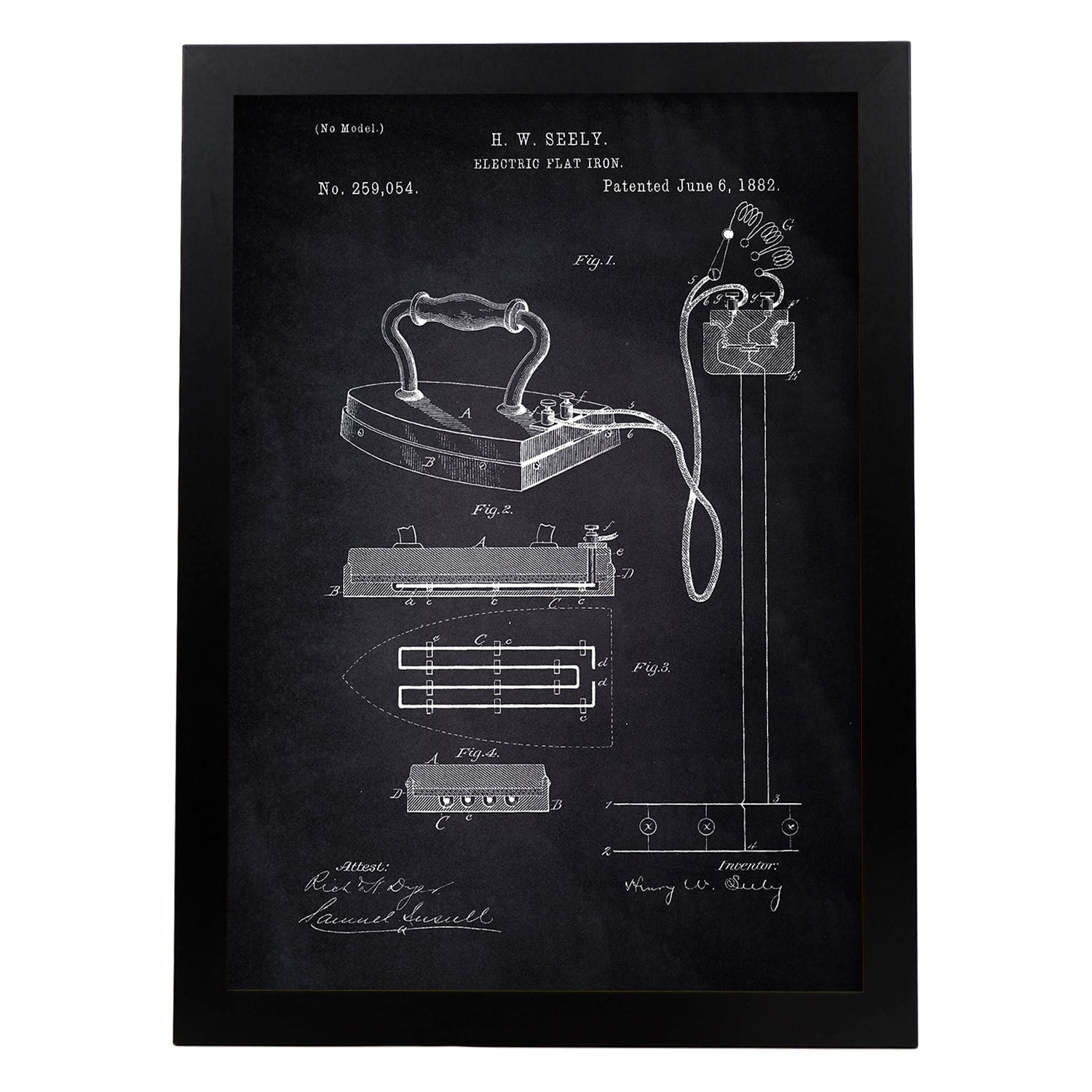 Poster con patente de Plancha electrica. Lámina con diseño de patente antigua-Artwork-Nacnic-A3-Marco Negro-Nacnic Estudio SL