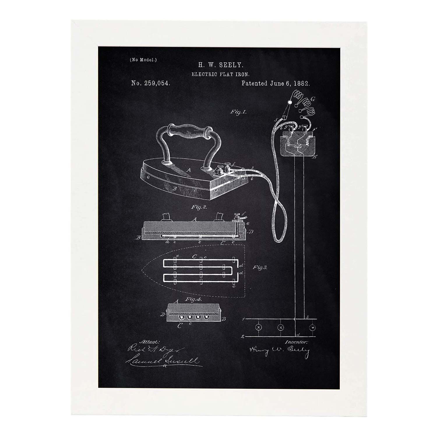 Poster con patente de Plancha electrica. Lámina con diseño de patente antigua-Artwork-Nacnic-A4-Marco Blanco-Nacnic Estudio SL
