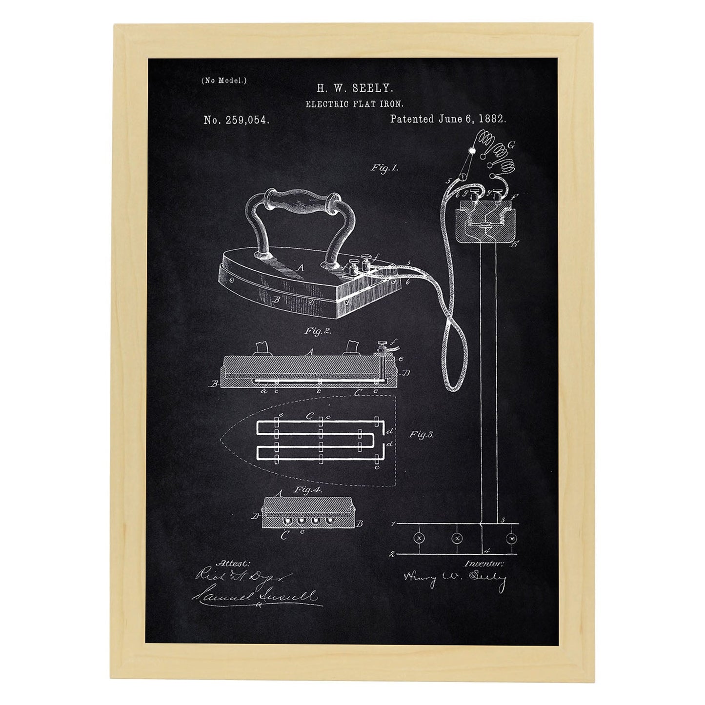 Poster con patente de Plancha electrica. Lámina con diseño de patente antigua-Artwork-Nacnic-A4-Marco Madera clara-Nacnic Estudio SL